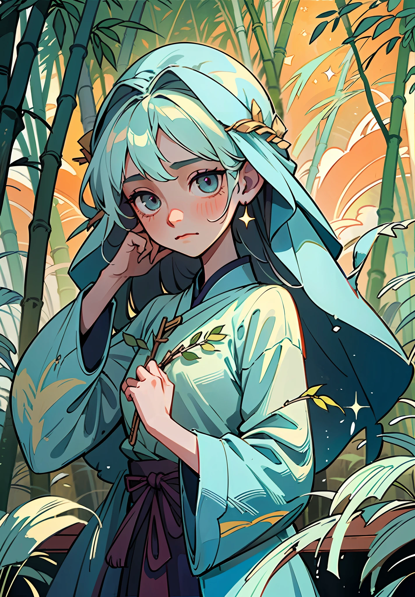 Masterpiece, Best Quality, Ultra Detailed, 1 Girl, on this cold autumn night, a mysterious and leisurely bamboo forest scene, a young girl wearing a light veil and a sad face stands on the bridge. She stared at the stream quietly, as if thinking about something. A creek babbling, a sea of clouds and a starry sky intertwined, and an antique bridge spans it, under which a few fallen leaves and bamboo leaves float. Starlight dotted in this secluded bamboo forest adds infinite spirituality to this beautiful scene. The whole scene presents low-saturation colors, with gray blue, light gray, dark green, dark green, dark purple and dark blue as the main tones, giving people a cool, aesthetic and elegant feeling. This color also provides an ideal basis for expressing mysterious, psychedelic emotions. The style of this scene can be described as antique, fairy, ink painting and landscape mood. They all have the characteristics of traditional Chinese culture, and they are very good at depicting the artistic conception of mountains and rivers, and combine them with fairy tale elements to show an otherworldly temperament. At the same time, the painting also presents the artistic style of ink painting, making the whole scene more elegant and poetic. The girl's sad emotions reflect the whole painting, which makes people have endless reverie. Her dress also reflects the beauty, elegance and antique of the whole painting, adding a bit of tenderness and warmth to the whole painting