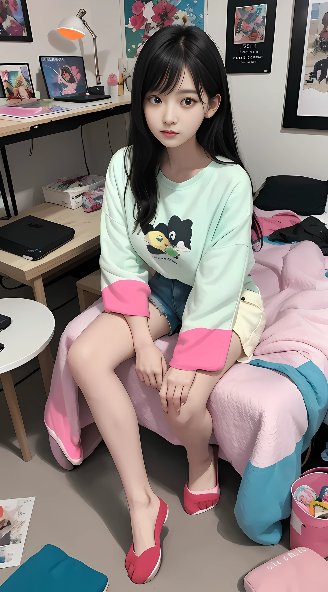 1 girl, big breasts, pale skin, master class, best quality, illustration, solo, black hair, red eyes, roses, long hair, naughty, games, messy room relaxed, comfortable, relaxed, cute, touch, computer games, controller, comfortable, slippers, messy, toys, posters, lamps, tables, chairs, cozy atmosphere, warm lights, bright colors, pastels, flowers, plants, books, snacks, soda, energy drinks, comics, novels, stuffed animals, statues, posters, pictures, posters, reels, stickers, decorations, beds, blankets, pillows, stuffed animals, cozy blankets, warm blankets, comfortable clothes, casual wear, casual clothes, shorts, t-shirts, socks,