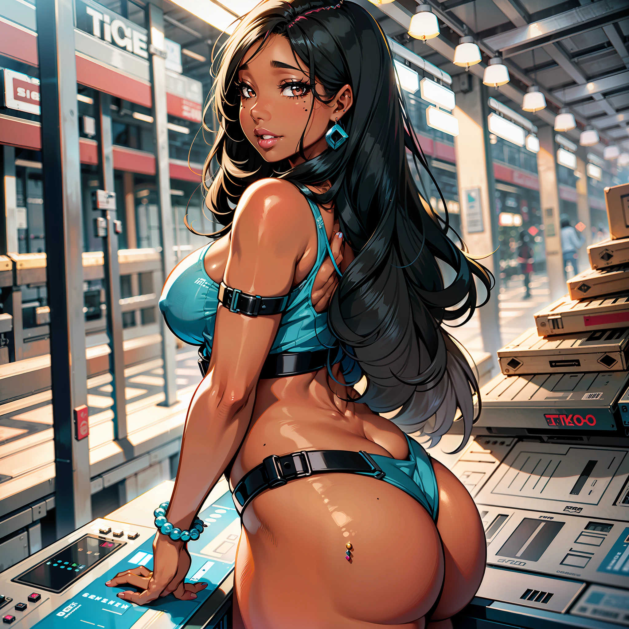 1girl, solo, breasts, dark_skin, dark-skinned_female, straight_hair, black_hair, shiny, shiny_hair, lips, parted_lips, brown_eyes, huge_natural_breasts, huge butt, eyelashes, big_lips, lipstick, very_long_hair, mole, mole on chest, very dark-skinned female, chubby female, chubby girl, highly detailed, clear focus, chubby, chubby woman, high quality, best quality, 8k, smile, latin girl, DJ, tecno, ciberpunk, future