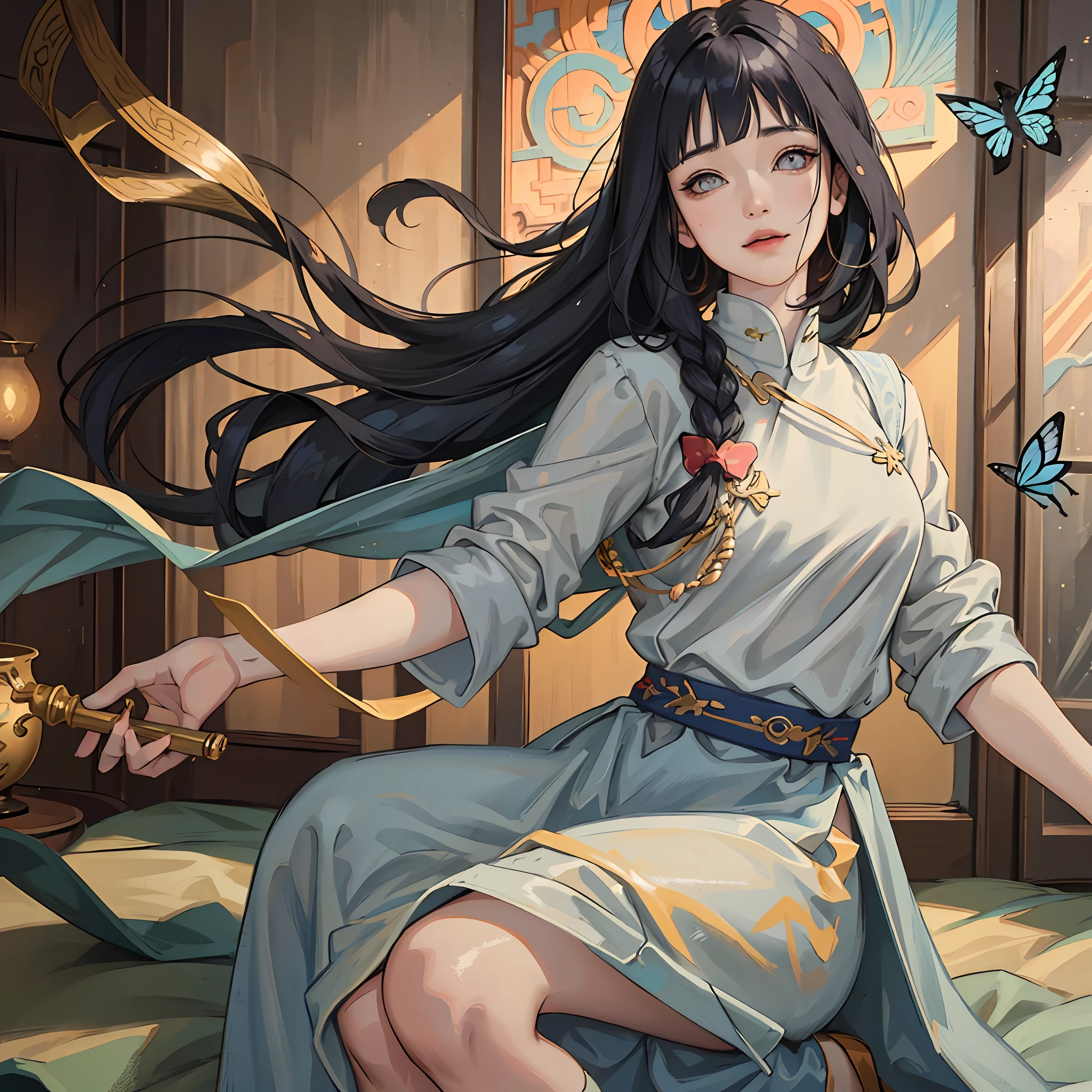 (RAW Photo, Best Quality), (Realistic, Photo Real: 1.3), Best Quality, Highly Detailed, Masterpiece, Ultra Detailed, Illustration, 1 Girl, upper_body, Dynamic Angle, World Mastery Theater, messy_long_hair, Best Quality, Extremely Detailed CG Uniform 8k Wallpaper, Ink, Amazing, Sexy, Smile, Movie Lights, lens_flare, dunhuang_style, surrounded by blue butterflies, hinata/(boruto/), blunt bangs, long hair, knee up