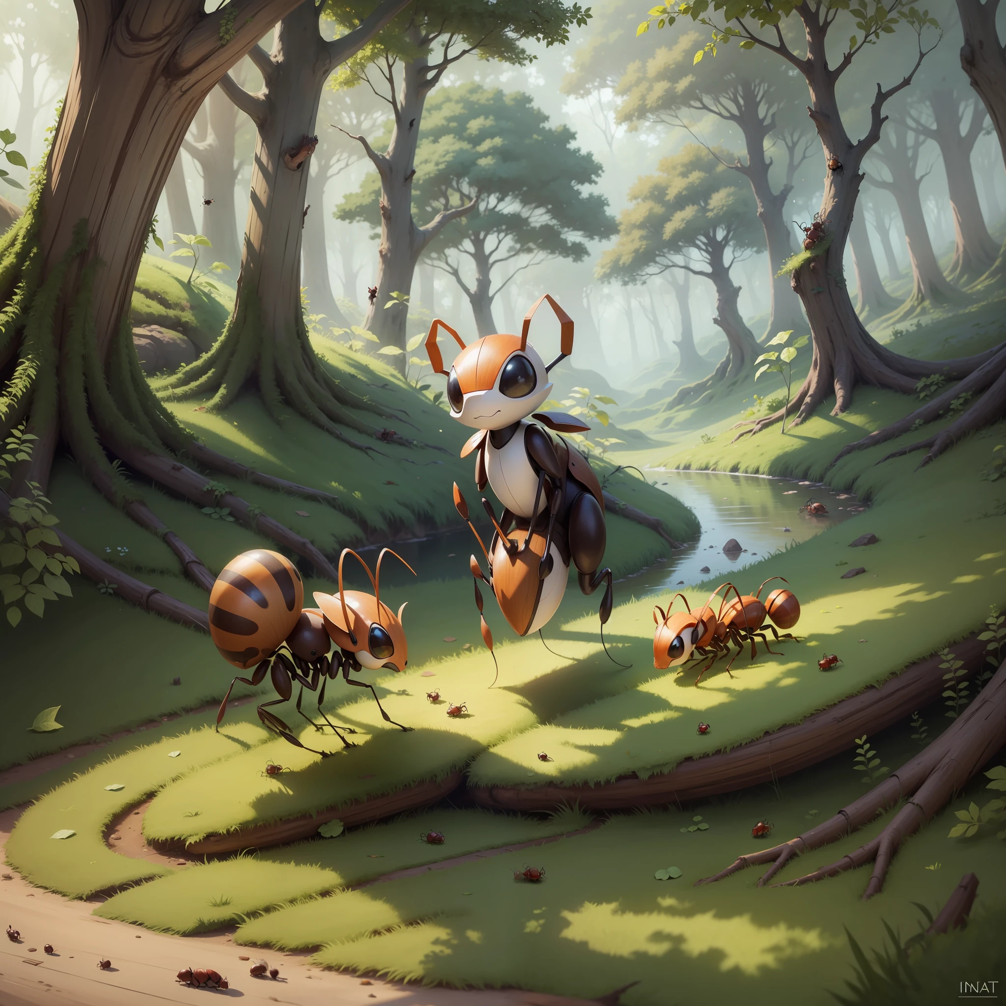 animal ants, slipping on the leaf of the tree. A little ant made up forest. drawing. infanti