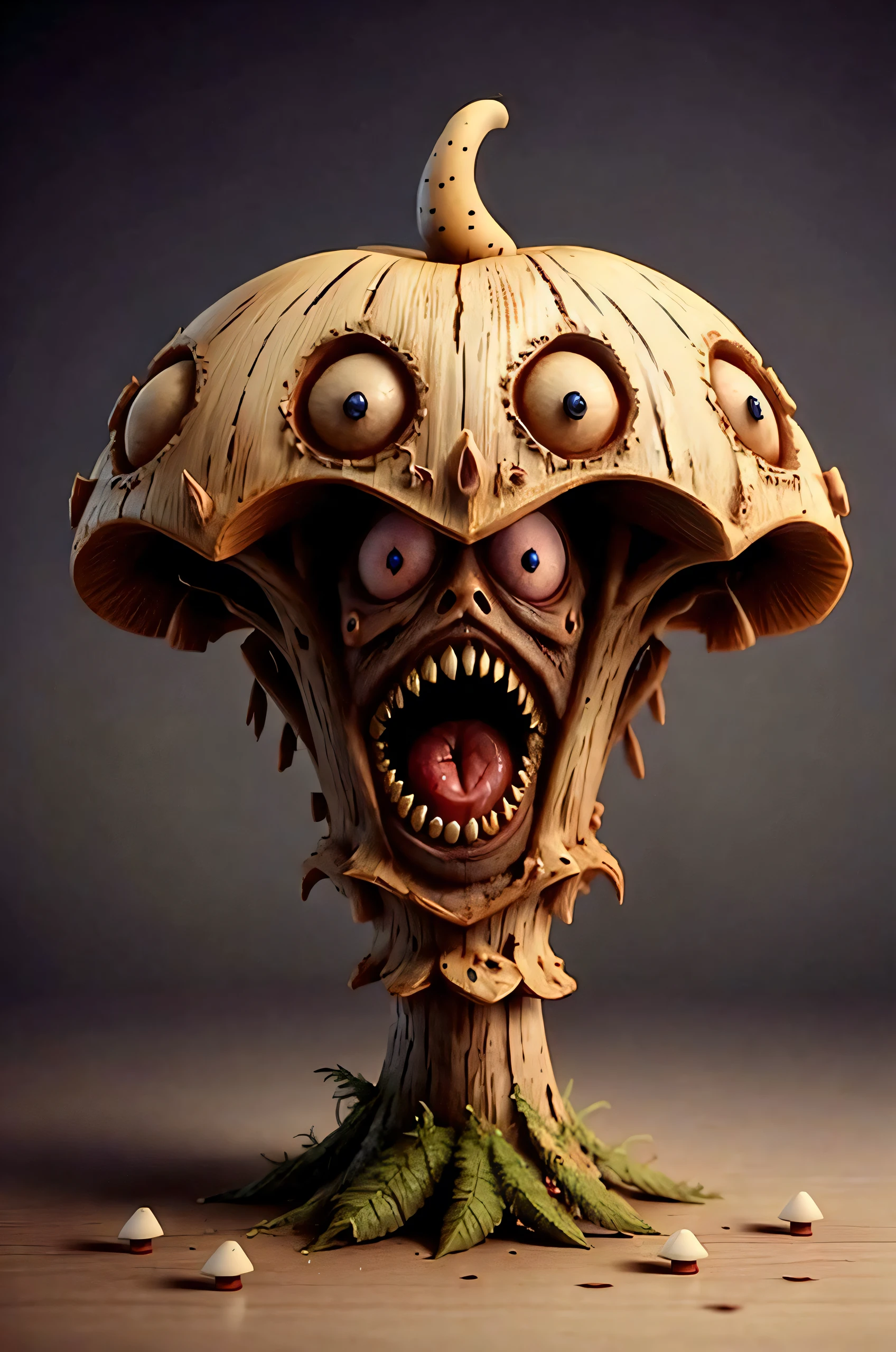 symmetrical wooden carved fruitynightmare Mushroom, octane render, unreal engine, highly detailed, intricate