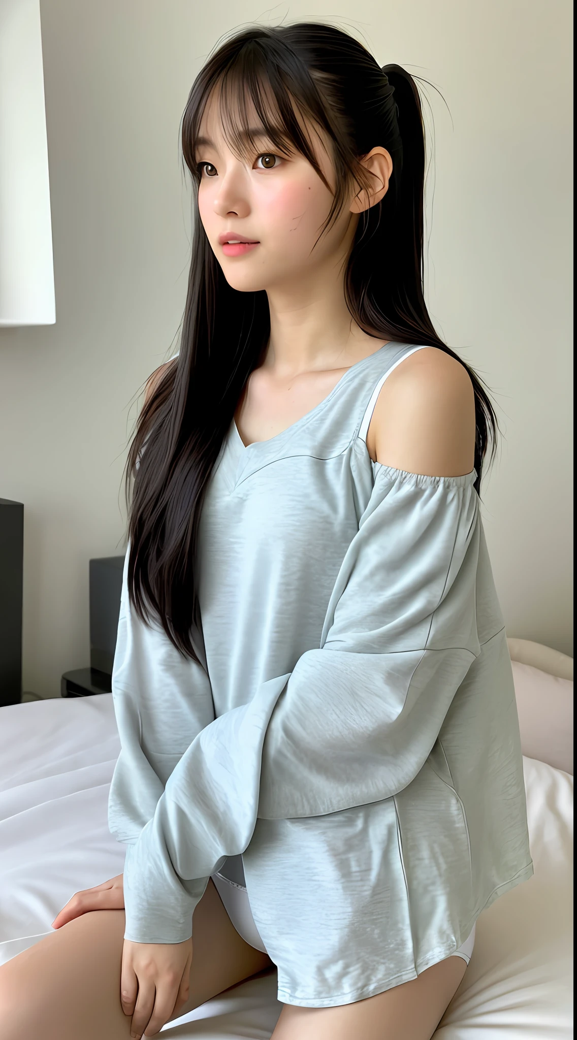 Realistic photos of (1 cute star) shoulder length hair, ponytail, light makeup, bangs, (small), clear facial features, 8K high resolution, sharp and realistic details, full body, own room, changing (underwear), changing clothes, f/4.0, 135mm, fujifilm, jpeg artifacts, dithering, UHD, masterpiece, blur, schoolgirl, underwear, white