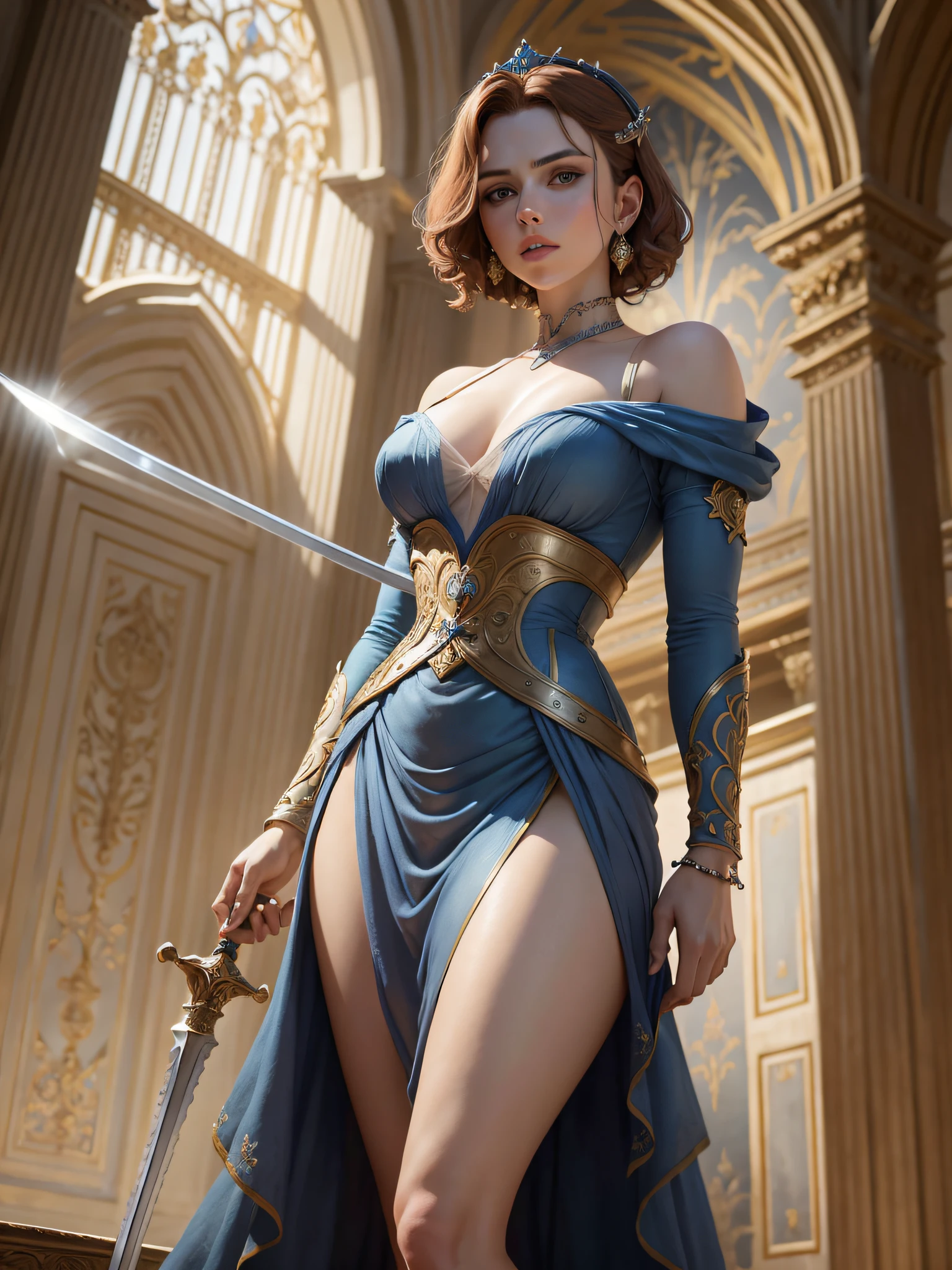 Renaissance, 8K, photo shot from front, full-body portrait, highly-detailed, queen, holding a sword, wearing a short blue dress, sultry expression, short brown hair, [Scarlett Johansson|Margot Robbie], in a classical and elegant setting, with detailed and intricate renaissance-style paintings, clear background, soft lighting, eye contact