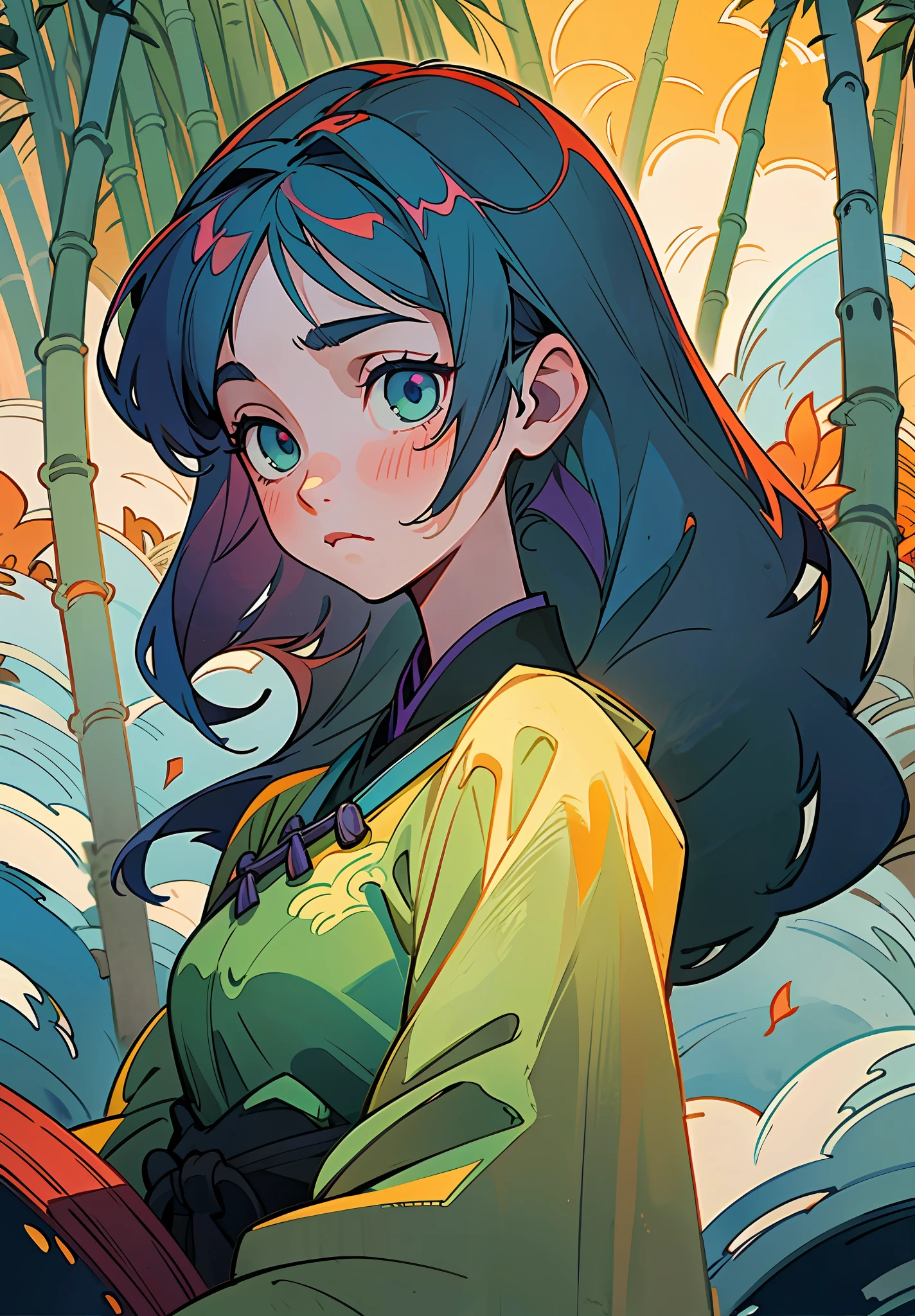 Masterpiece, Best Quality, Ultra Detailed, 1 Girl, on this cold autumn night, a mysterious and leisurely bamboo forest scene, a young girl wearing a light veil and a sad face stands on the bridge. She stared at the stream quietly, as if thinking about something. A creek babbling, a sea of clouds and a starry sky intertwined, and an antique bridge spans it, under which a few fallen leaves and bamboo leaves float. Starlight dotted in this secluded bamboo forest adds infinite spirituality to this beautiful scene. The whole scene presents low-saturation colors, with gray blue, light gray, dark green, dark green, dark purple and dark blue as the main tones, giving people a cool, aesthetic and elegant feeling. This color also provides an ideal basis for expressing mysterious, psychedelic emotions. The style of this scene can be described as antique, fairy, ink painting and landscape mood. They all have the characteristics of traditional Chinese culture, and they are very good at depicting the artistic conception of mountains and rivers, and combine them with fairy tale elements to show an otherworldly temperament. At the same time, the painting also presents the artistic style of ink painting, making the whole scene more elegant and poetic. The girl's sad emotions reflect the whole painting, which makes people have endless reverie. Her dress also reflects the beauty, elegance and antique of the whole painting, adding a bit of tenderness and warmth to the whole painting