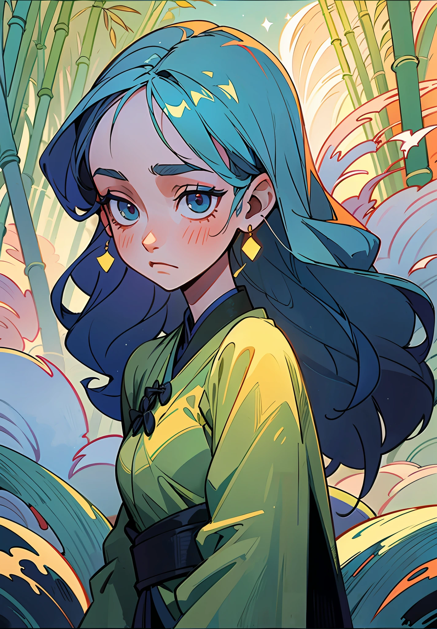 Masterpiece, Best Quality, Ultra Detailed, 1 Girl, on this cold autumn night, a mysterious and leisurely bamboo forest scene, a young girl wearing a light veil and a sad face stands on the bridge. She stared at the stream quietly, as if thinking about something. A creek babbling, a sea of clouds and a starry sky intertwined, and an antique bridge spans it, under which a few fallen leaves and bamboo leaves float. Starlight dotted in this secluded bamboo forest adds infinite spirituality to this beautiful scene. The whole scene presents low-saturation colors, with gray blue, light gray, dark green, dark green, dark purple and dark blue as the main tones, giving people a cool, aesthetic and elegant feeling. This color also provides an ideal basis for expressing mysterious, psychedelic emotions. The style of this scene can be described as antique, fairy, ink painting and landscape mood. They all have the characteristics of traditional Chinese culture, and they are very good at depicting the artistic conception of mountains and rivers, and combine them with fairy tale elements to show an otherworldly temperament. At the same time, the painting also presents the artistic style of ink painting, making the whole scene more elegant and poetic. The girl's sad emotions reflect the whole painting, which makes people have endless reverie. Her dress also reflects the beauty, elegance and antique of the whole painting, adding a bit of tenderness and warmth to the whole painting