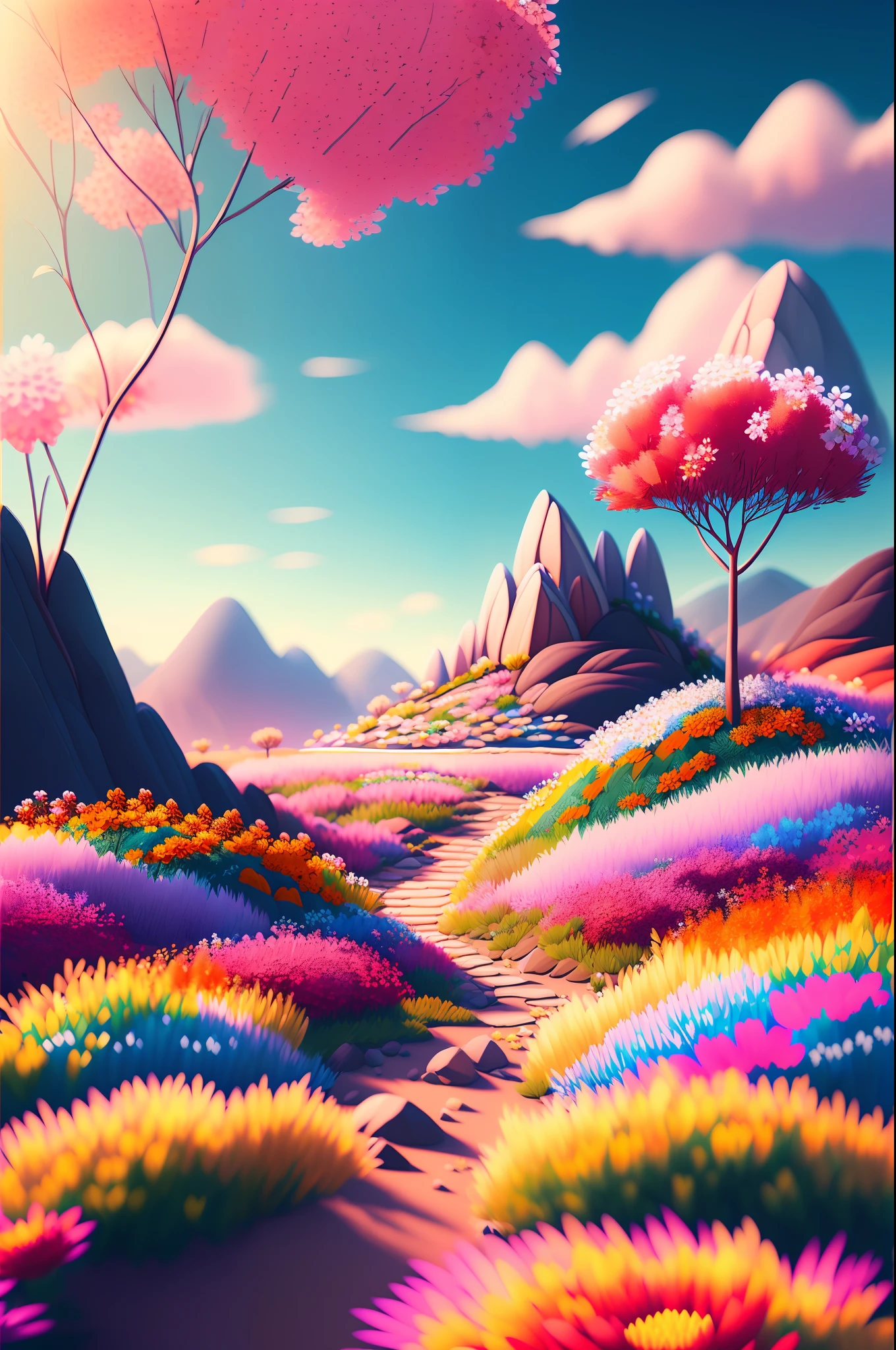 ((a detailed landscape in 8k, masterpiece, surplus quality, ultra-realistic, amazing textures, better lighting, lots of colorful flowers, realistic scene with soft light and soft shadows), depth of field, distant view, mild weather, clear sky)