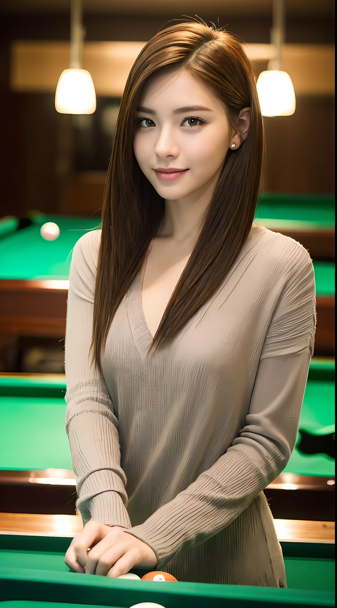 RAW photo, standing in a pool hall with pool table next to you, top quality, realistic, realistic, very detailed, very refined and beautiful with a smile on the face professional lighting, face lighting, depth of field, single focus, full body, 20 years old woman, brown hair, brown eyes, small head, ((((big)), fashion girl, beautiful eyes, real face, real skin, real face, realistic skin, detailed eyes, playing billiards, (fashion hairstyle: 1.3 dynamic pose, viewer, detailed face and chest appearanceannouncer