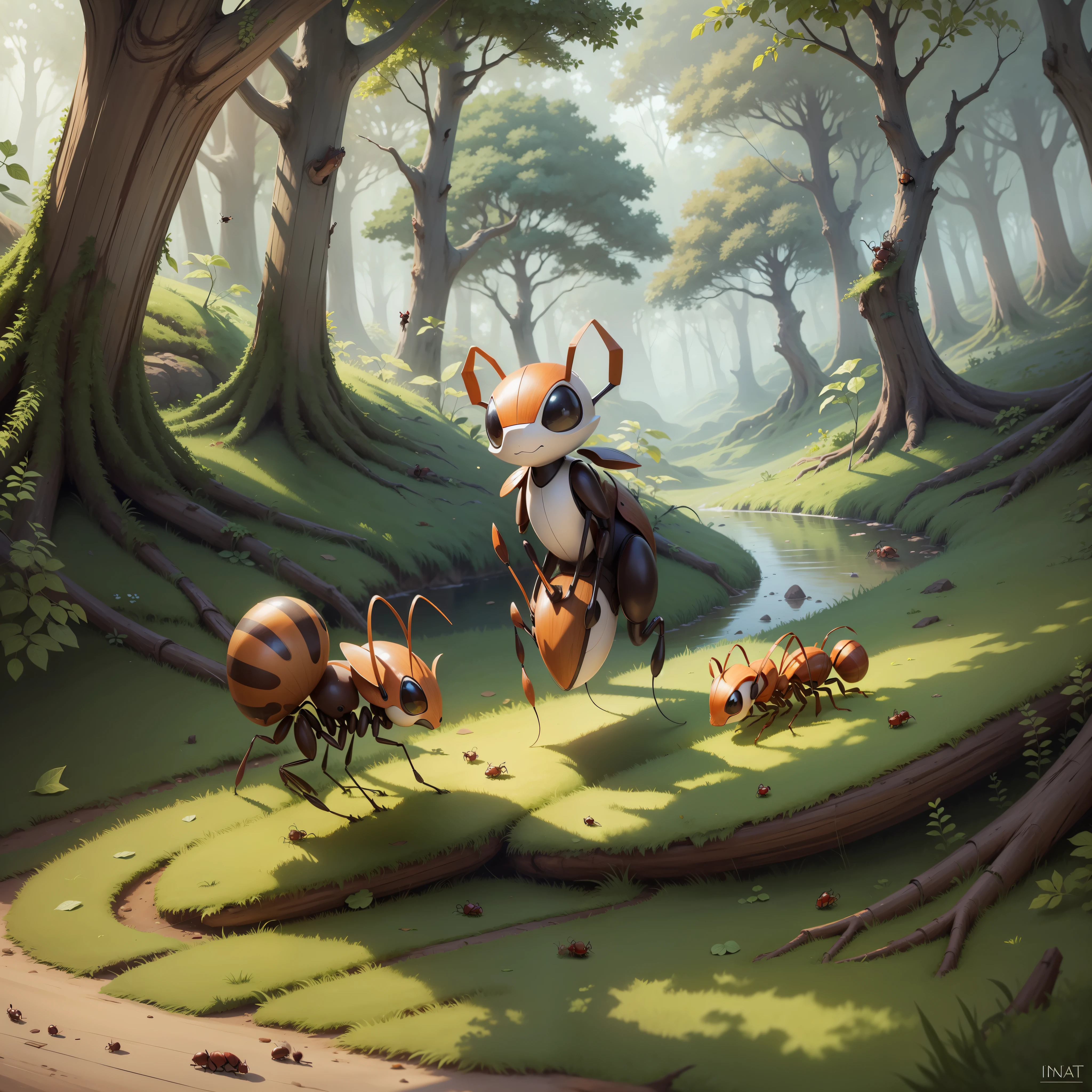 animal ants, slipping on the leaf of the tree. A little ant made up forest. drawing. infanti