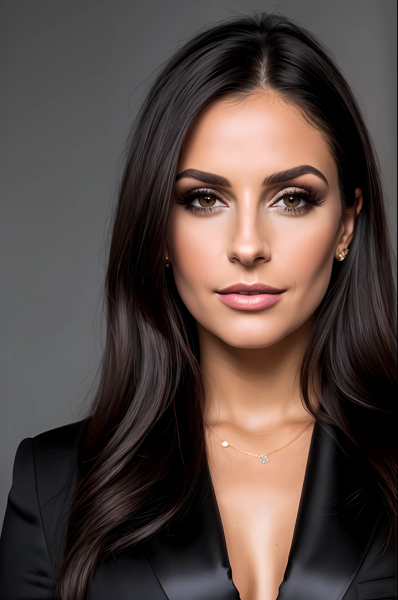 Dark and gloomy, 8K, Instagram profile front photo, (closeup) of an extremely beautiful 30-year-old brunette Brazilian businesswoman, dark black background, (realistic straight short dark brown hair on the shoulder split in the middle), makeup, lips with gloss. nude, brown eyes, (wearing elegant black blazer closed, black blouse with buttons closed inside the blazer), ( very serious facial expression, facing the viewer), firm posture,, power pose, hyper realistic, {extremely beautiful olive skin}, (highly detailed skin: 1.2) {{{masterpiece}}}, realistic texture, dynamic composition, Fujifilm XT2, 85mm F1.2, shutter speed 1/80, (bokeh),  high contrast