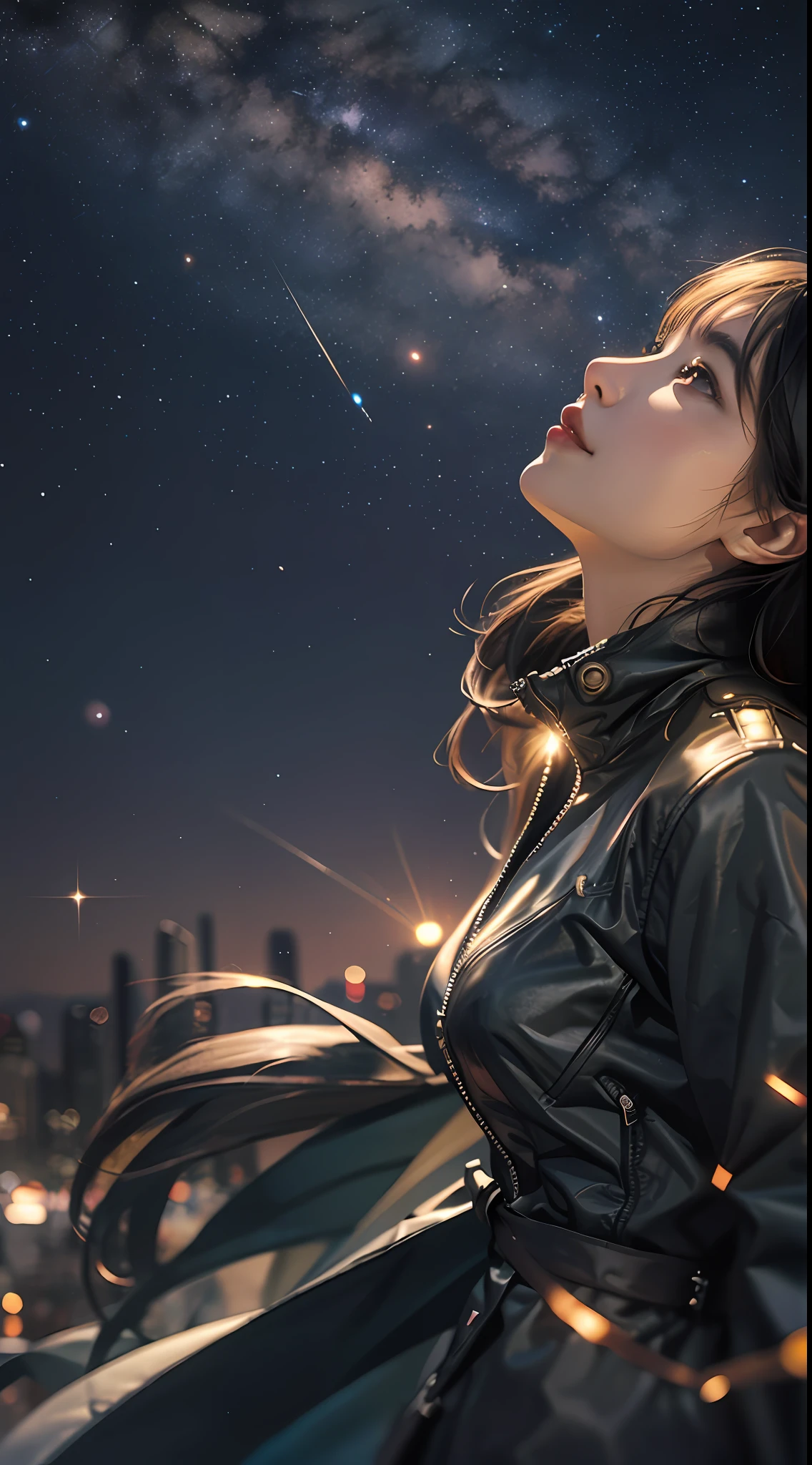 Masterpiece, 8k ultra clear, superalist, a woman, under the night sky, stars, fireflies, looking up at the sky, lights, city