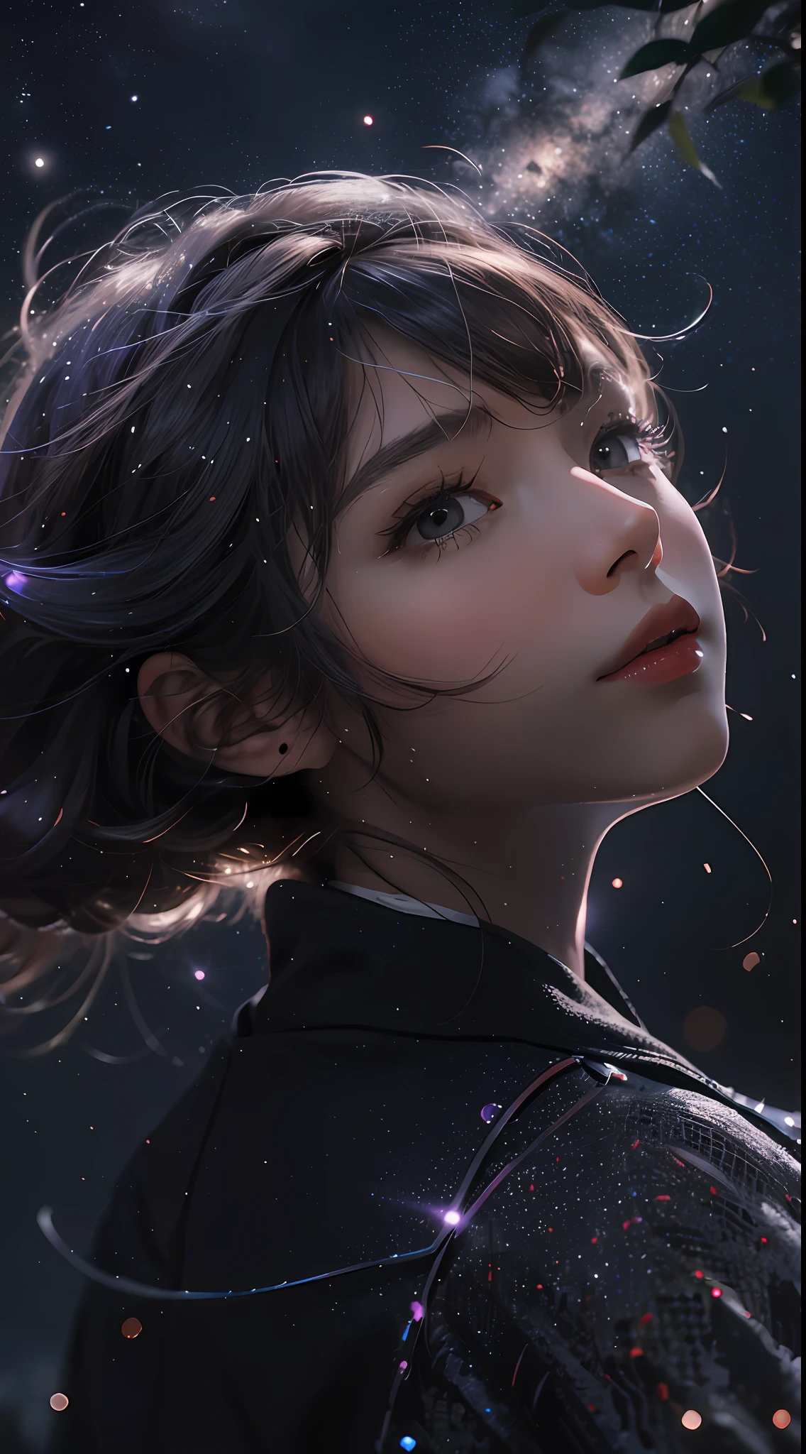 Masterpiece, 8k ultra clear, superalist, a woman, under the night sky, stars, fireflies, looking up at the sky, lights, city
