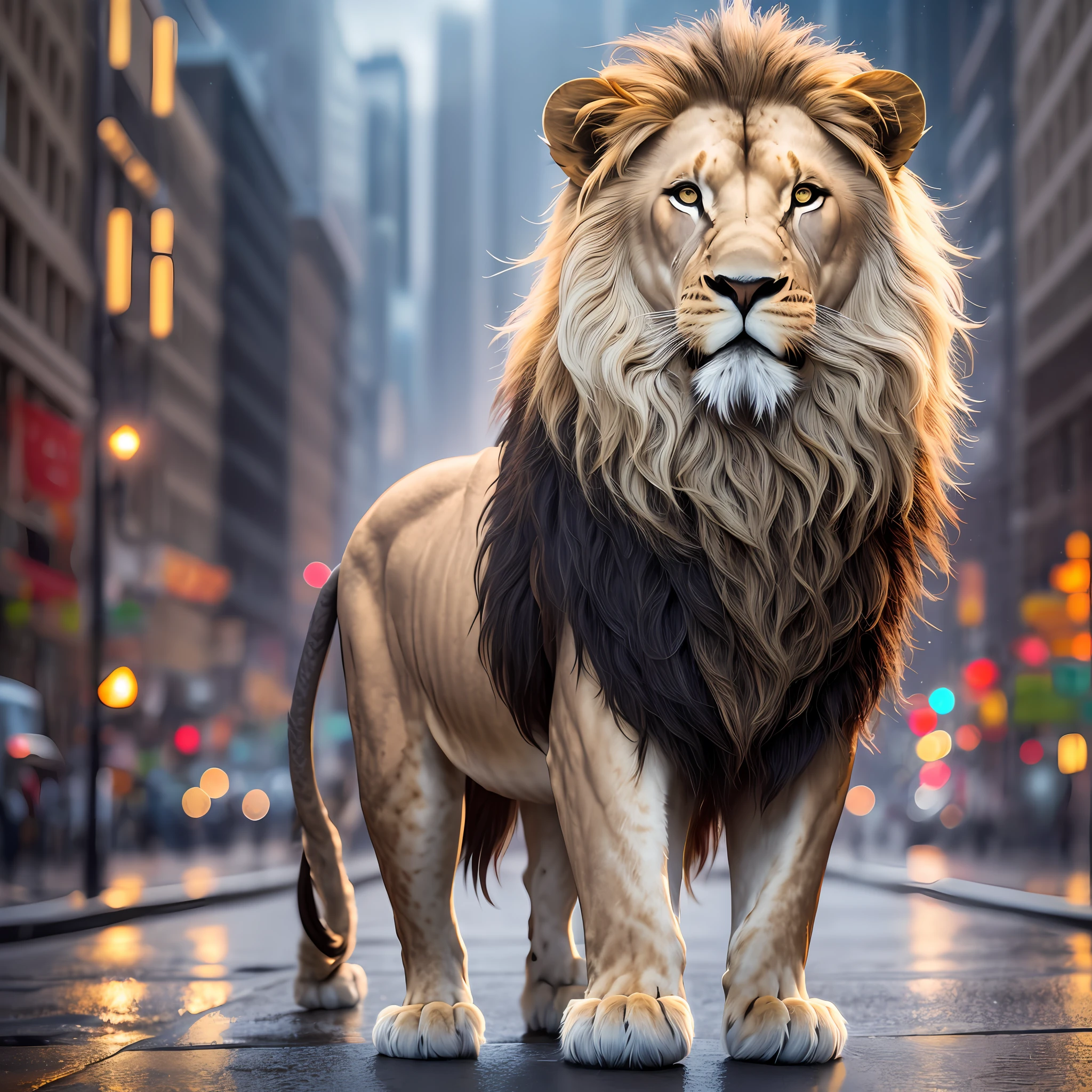 photo of the most beautiful work of art in the world illustrating Jesus Christ represented by the lion of the tribe of Judah, with crown, serious look, flowing mane, majestic, urban city environments 2023, city in the background, middle of the street, cloudy weather, rainy, full body 8k unit rendering, action photo, skin pores, very dark lighting, heavy shadows, Detailed and detailed face, (vibrant, photorealistic, realistic, dramatic, dark, sharp focus, 8k), (intricate: 1.4), decadent, (highly detailed: 1.4), digital painting, octane rendering, artstation, concept art, smooth, sharp focus, illustration, artgerm art, (loish: 0.23), (global lighting, studio light, volumetric light)