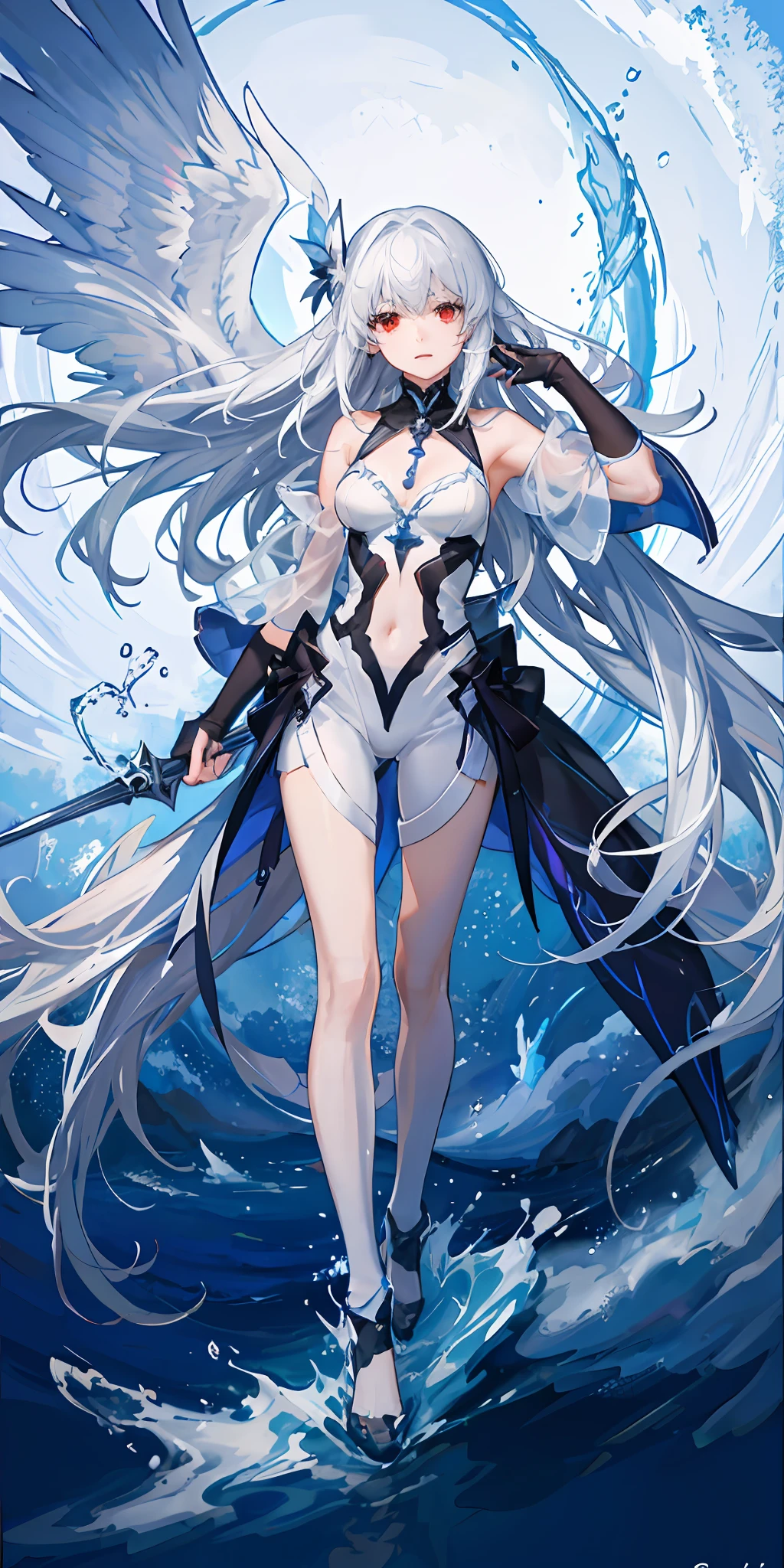 ((masterpiece:1.3)), ((best quality:1.3)), ((UHD landscape:1.2)), ((extremely detailed 8k CG unity wallpaper)), ((cinematic soft lighting)), ( (face details)), ((eye details:1.2)), ((soft and beautiful colors)), (1girl), (body details:1.3), A beautiful girl with white hair, (red eyes), thin body, wearing a kind of white jumpsuit, in a futuristic city setting, in a charming cinematic light, with tones artistic and beautiful, her face is serious looking forward, a passing wind blows her hair making them go in the wind, in a delicate and incredible way.
