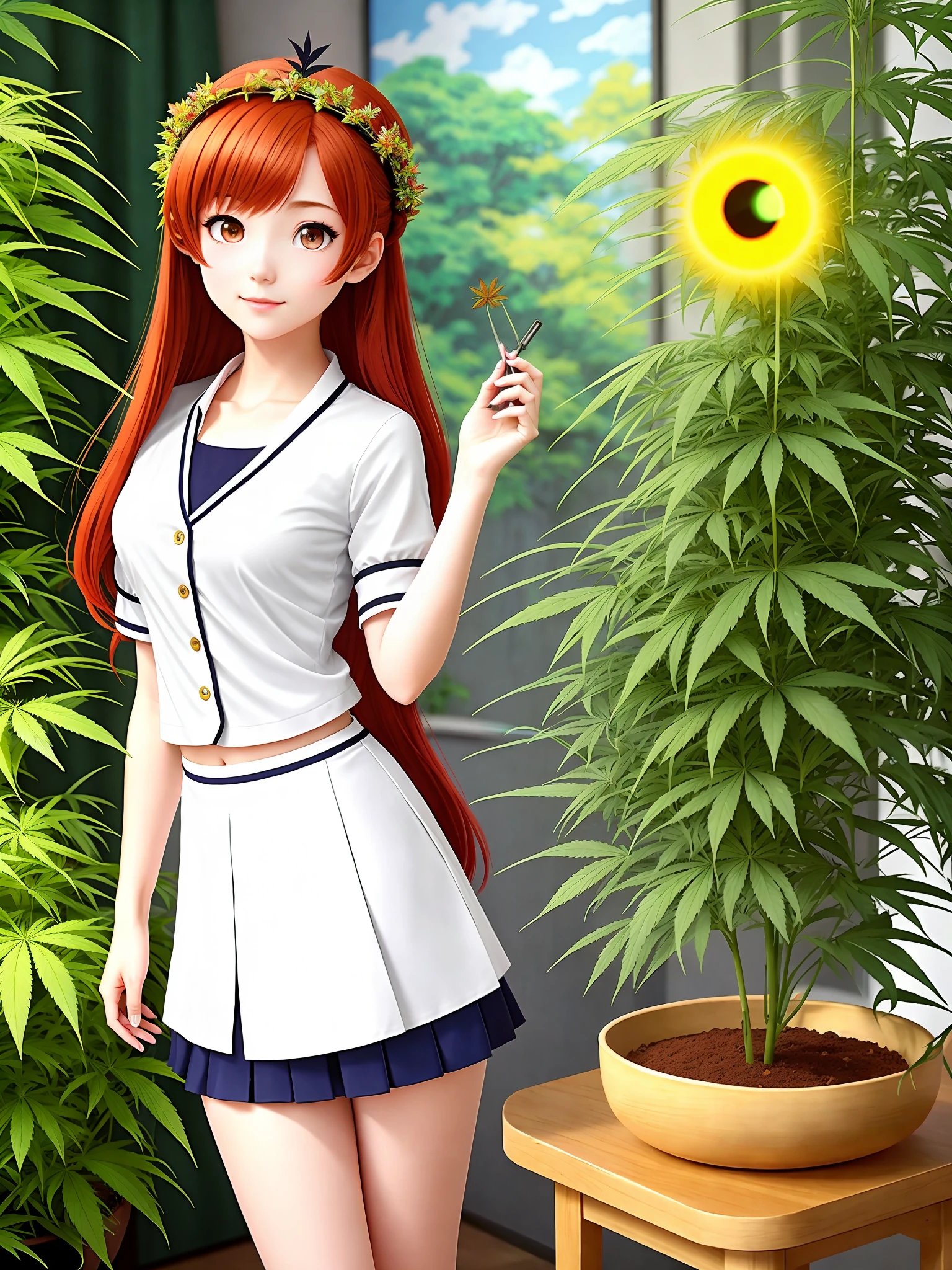 Beautiful 1 girl, Japan's school clothes, redhead, perfect body, full body shot, twin tails, big, white open blouse, tight slim skirt, standing in a room with plants, big colorful (cartoon eyes: 1.1), (soothing tones: 1.25), (HDR: 1.35), (art station: 1.5), (complex details: 1.14), (Rutkowski: 1.1) (Faded: 1.3), (Sooed Colors: 1.1), (Illustration: 1.3), (Marijuana Goddess: 1.2), (Ganja Princess: 1.1), (Marijuana Leaf Crown: 1.2), Smoking Marijuana, Smoking in Room