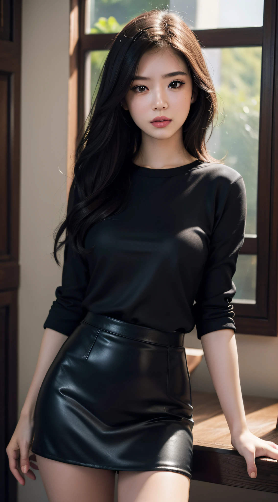 Best Quality, Masterpiece, 1 Girl, Beautiful Face, (Photo Realistic:1.3), Edge Lighting, (High Detail Skin:1.2), 8K Ultra HD, DSLR, High Quality, High Resolution, 4K, 8K, Bokeh, Ridiculous, Best Ratio Four Fingers and One Thumb, (Realistic:1.3), Urzan, Cute Kawaii 1girl, Professional woman in black silk hip skirt