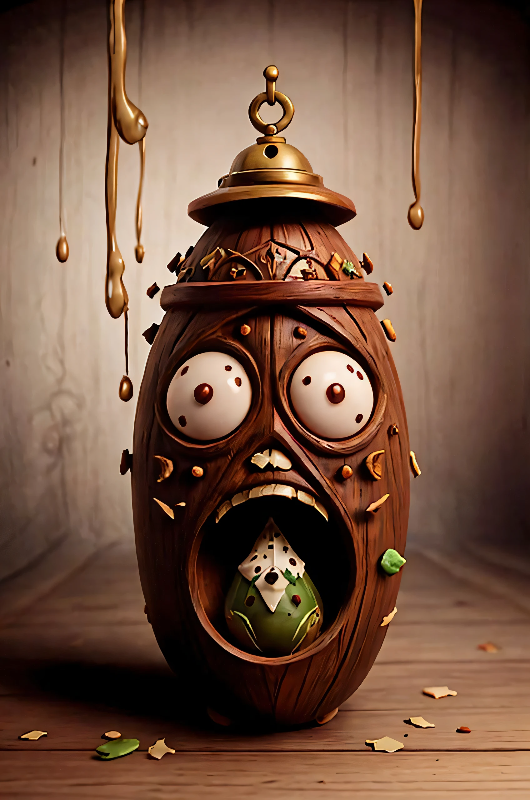 symmetrical wooden carved fruitynightmare Bell pepper, wood shavings, dripping paint, octane render, unreal engine, highly detailed, intricate