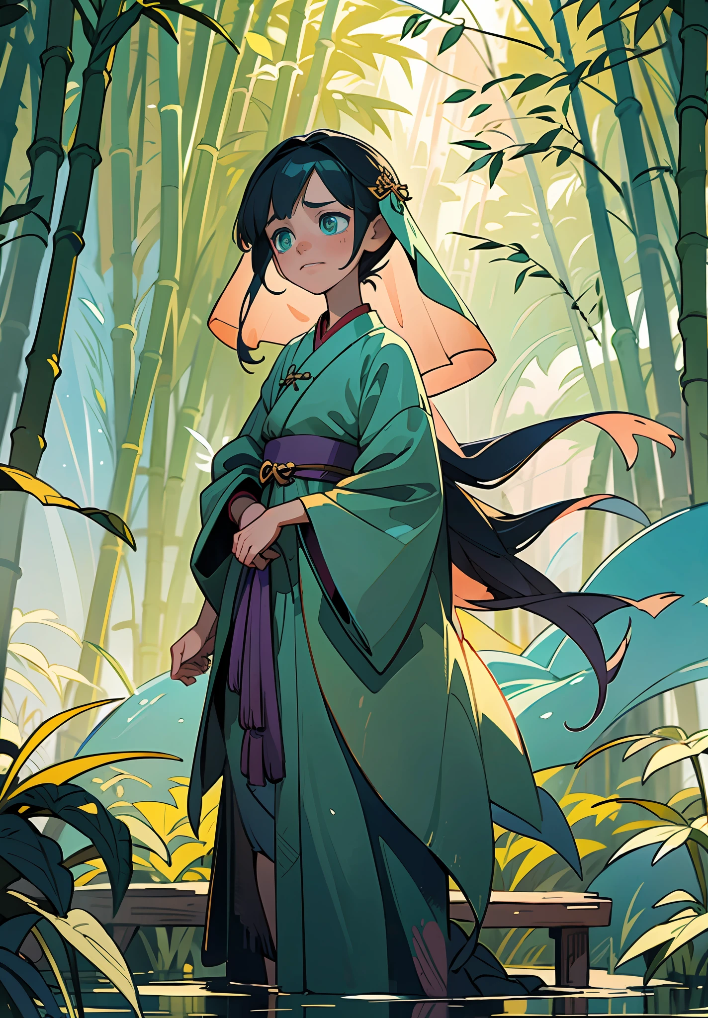 Masterpiece, Best Quality, Ultra Detailed, 1 Girl, on this cold autumn night, a mysterious and leisurely bamboo forest scene, a young girl wearing a light veil and a sad face stands on the bridge. She stared at the stream quietly, as if thinking about something. A creek babbling, a sea of clouds and a starry sky intertwined, and an antique bridge spans it, under which a few fallen leaves and bamboo leaves float. Starlight dotted in this secluded bamboo forest adds infinite spirituality to this beautiful scene. The whole scene presents low-saturation colors, with gray blue, light gray, dark green, dark green, dark purple and dark blue as the main tones, giving people a cool, aesthetic and elegant feeling. This color also provides an ideal basis for expressing mysterious, psychedelic emotions. The style of this scene can be described as antique, fairy, ink painting and landscape mood. They all have the characteristics of traditional Chinese culture, and they are very good at depicting the artistic conception of mountains and rivers, and combine them with fairy tale elements to show an otherworldly temperament. At the same time, the painting also presents the artistic style of ink painting, making the whole scene more elegant and poetic. The girl's sad emotions reflect the whole painting, which makes people have endless reverie. Her dress also reflects the beauty, elegance and antique of the whole painting, adding a bit of tenderness and warmth to the whole painting