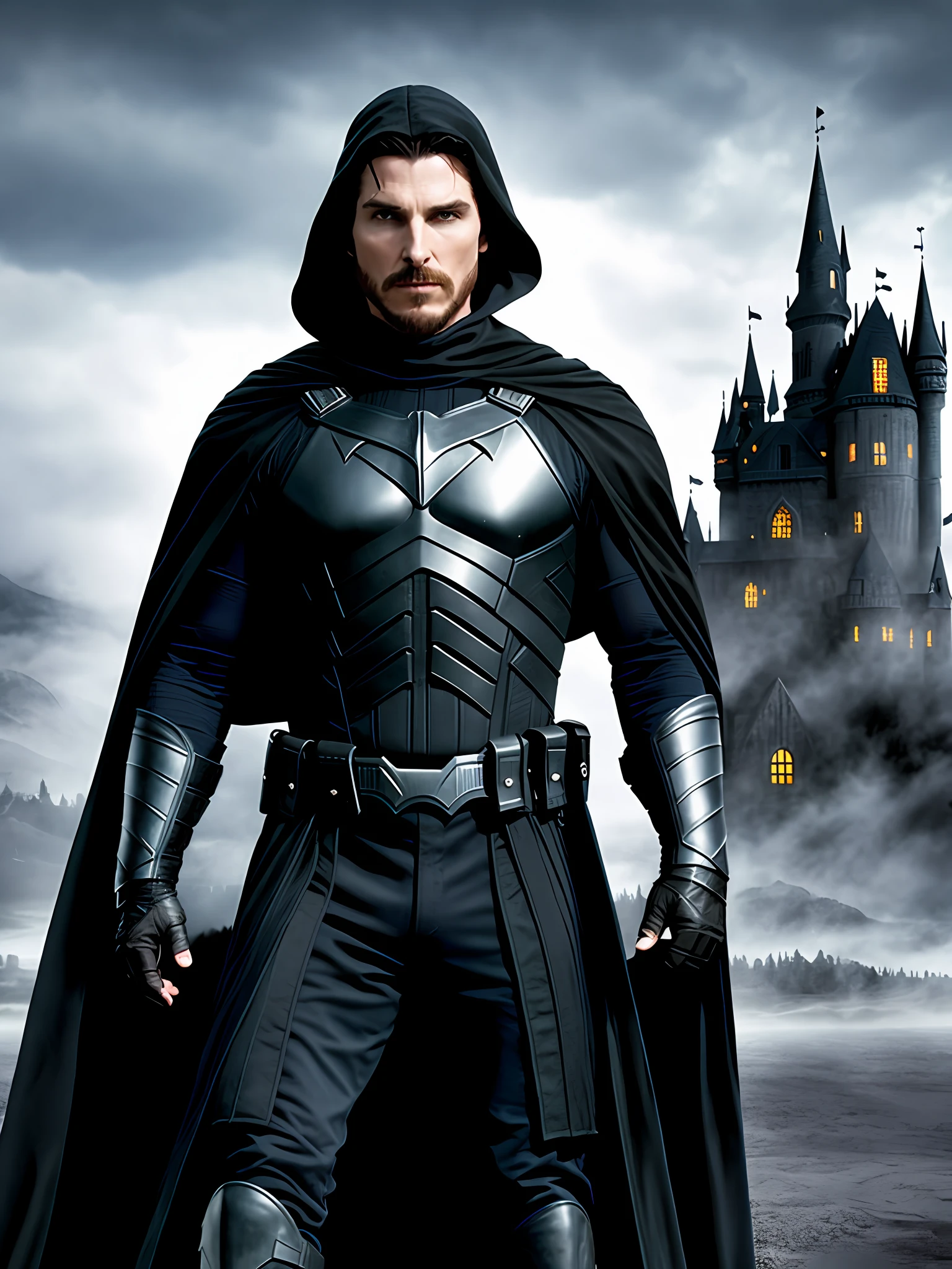 best quality,hd,christian bale,black witch costume,powers,castle background