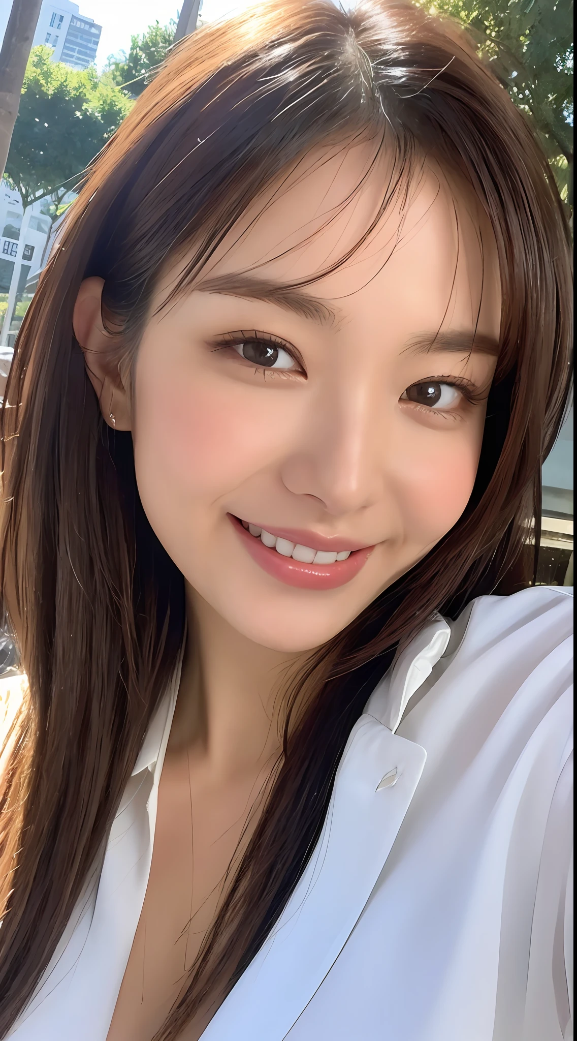 ((Best Quality, 8K, Masterpiece: 1.3)), Sharp Focus: 1.2, A Beautiful Woman with Perfect Figure: 1.4, Slim Abs: 1.2, (Layered Hairstyle,: 1.2)), (Wet White Button Long Shirt: 1.3), Rain: 1.3, Street: 1.2, Wet Body: 1.1, Highly Detailed Face and Skin Texture, Detailed Eyes, Double Eyelids, Big Breasts, Smile,