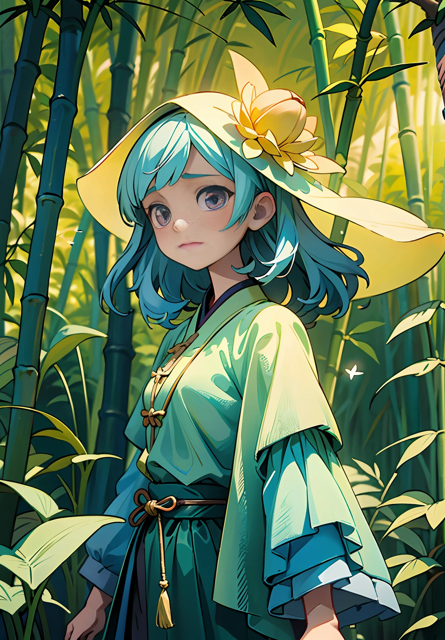 Masterpiece, Best Quality, Ultra Detailed, 1 Girl, on this cold autumn night, a mysterious and leisurely bamboo forest scene, a young girl wearing a light veil and a sad face stands on the bridge. She stared at the stream quietly, as if thinking about something. A creek babbling, a sea of clouds and a starry sky intertwined, and an antique bridge spans it, under which a few fallen leaves and bamboo leaves float. Starlight dotted in this secluded bamboo forest adds infinite spirituality to this beautiful scene. The whole scene presents low-saturation colors, with gray blue, light gray, dark green, dark green, dark purple and dark blue as the main tones, giving people a cool, aesthetic and elegant feeling. This color also provides an ideal basis for expressing mysterious, psychedelic emotions. The style of this scene can be described as antique, fairy, ink painting and landscape mood. They all have the characteristics of traditional Chinese culture, and they are very good at depicting the artistic conception of mountains and rivers, and combine them with fairy tale elements to show an otherworldly temperament. At the same time, the painting also presents the artistic style of ink painting, making the whole scene more elegant and poetic. The girl's sad emotions reflect the whole painting, which makes people have endless reverie. Her dress also reflects the beauty, elegance and antique of the whole painting, adding a bit of tenderness and warmth to the whole painting