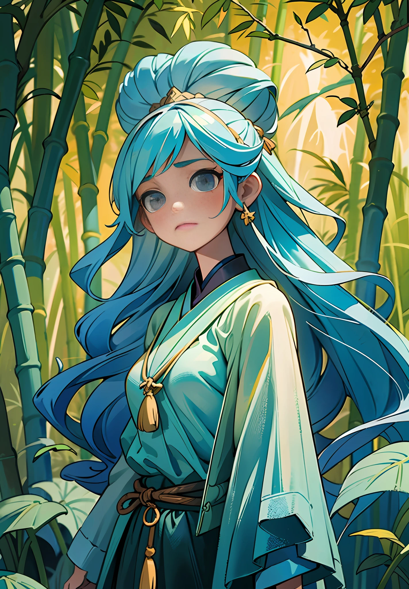 Masterpiece, Best Quality, Ultra Detailed, 1 Girl, on this cold autumn night, a mysterious and leisurely bamboo forest scene, a young girl wearing a light veil and a sad face stands on the bridge. She stared at the stream quietly, as if thinking about something. A creek babbling, a sea of clouds and a starry sky intertwined, and an antique bridge spans it, under which a few fallen leaves and bamboo leaves float. Starlight dotted in this secluded bamboo forest adds infinite spirituality to this beautiful scene. The whole scene presents low-saturation colors, with gray blue, light gray, dark green, dark green, dark purple and dark blue as the main tones, giving people a cool, aesthetic and elegant feeling. This color also provides an ideal basis for expressing mysterious, psychedelic emotions. The style of this scene can be described as antique, fairy, ink painting and landscape mood. They all have the characteristics of traditional Chinese culture, and they are very good at depicting the artistic conception of mountains and rivers, and combine them with fairy tale elements to show an otherworldly temperament. At the same time, the painting also presents the artistic style of ink painting, making the whole scene more elegant and poetic. The girl's sad emotions reflect the whole painting, which makes people have endless reverie. Her dress also reflects the beauty, elegance and antique of the whole painting, adding a bit of tenderness and warmth to the whole painting