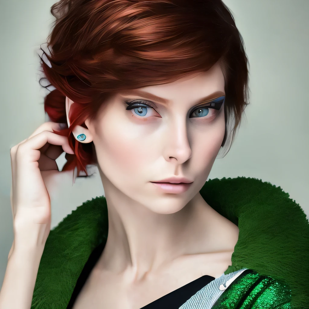 Arafed Woman with Red Hair and Blue Eyes with Enhance Right Ear, Right Hand and Left Side Dress, a Green Jacket, Beauty Retouch, With Red Hair and Green Eyes, Green and Red Tones, Color Portrait, Portrait of High Quality, Glamor Color Portrait, Professional Retouching, Alexey Gurylev Photography, 4K Portrait Color Photography, Fashion Photography, With Stunning Green Eyes, Alexey Kurylev Photography