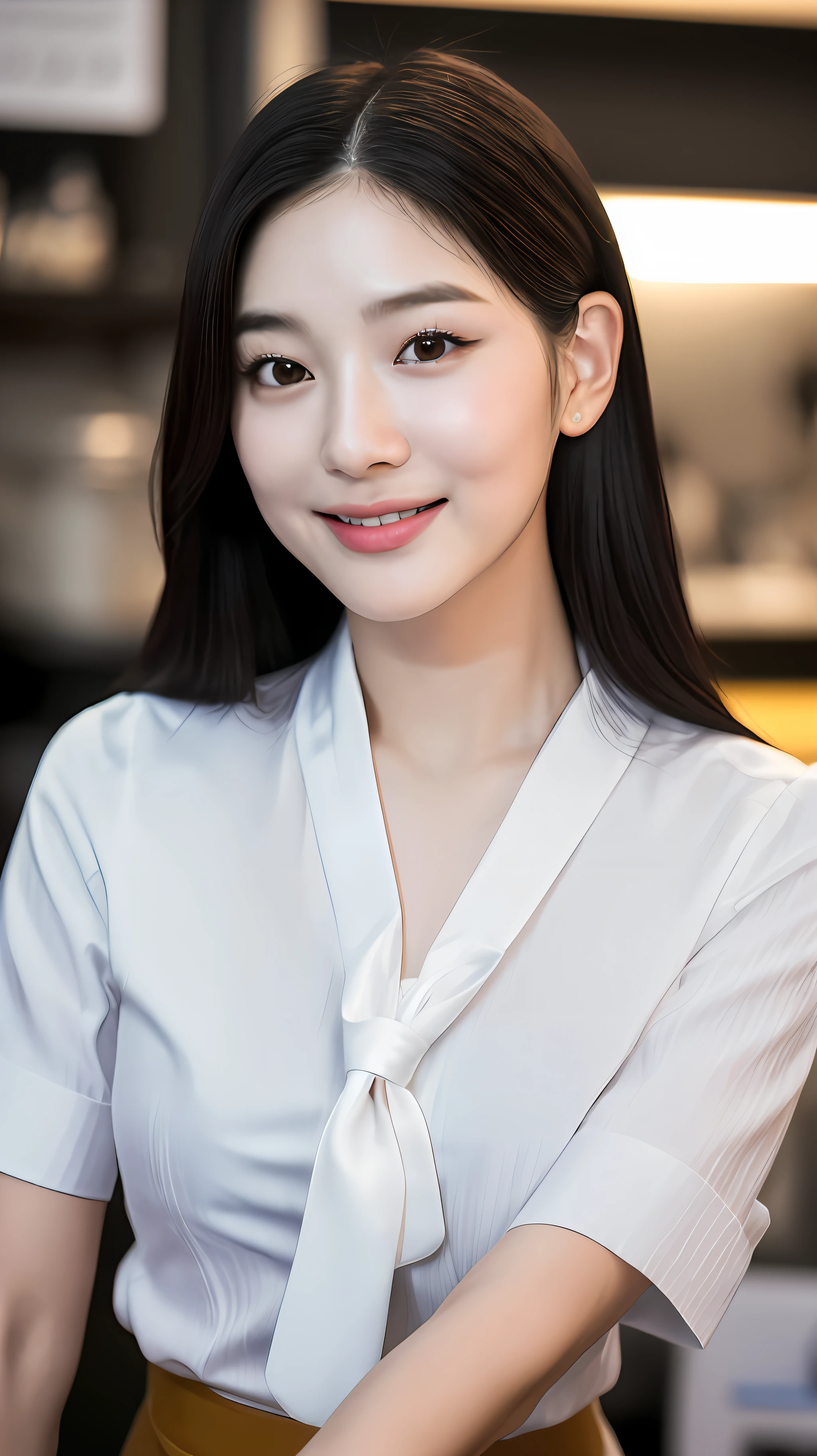 (คุณภาพดีที่สุด, ผลงานชิ้นเอก:1.1), (สมจริง:1.6), 1 สาว, realistic photos of (1 cute Korean star) Shoulder-length hair, thin makeup, medium breasts size, slightly smile, wearing waist tie shirt, sitting in ramen shop, clear facial features, high resolution, sharp and realistic details, RAW photo, 16k, optical illusion, motion lines, f/2.8, Nikon