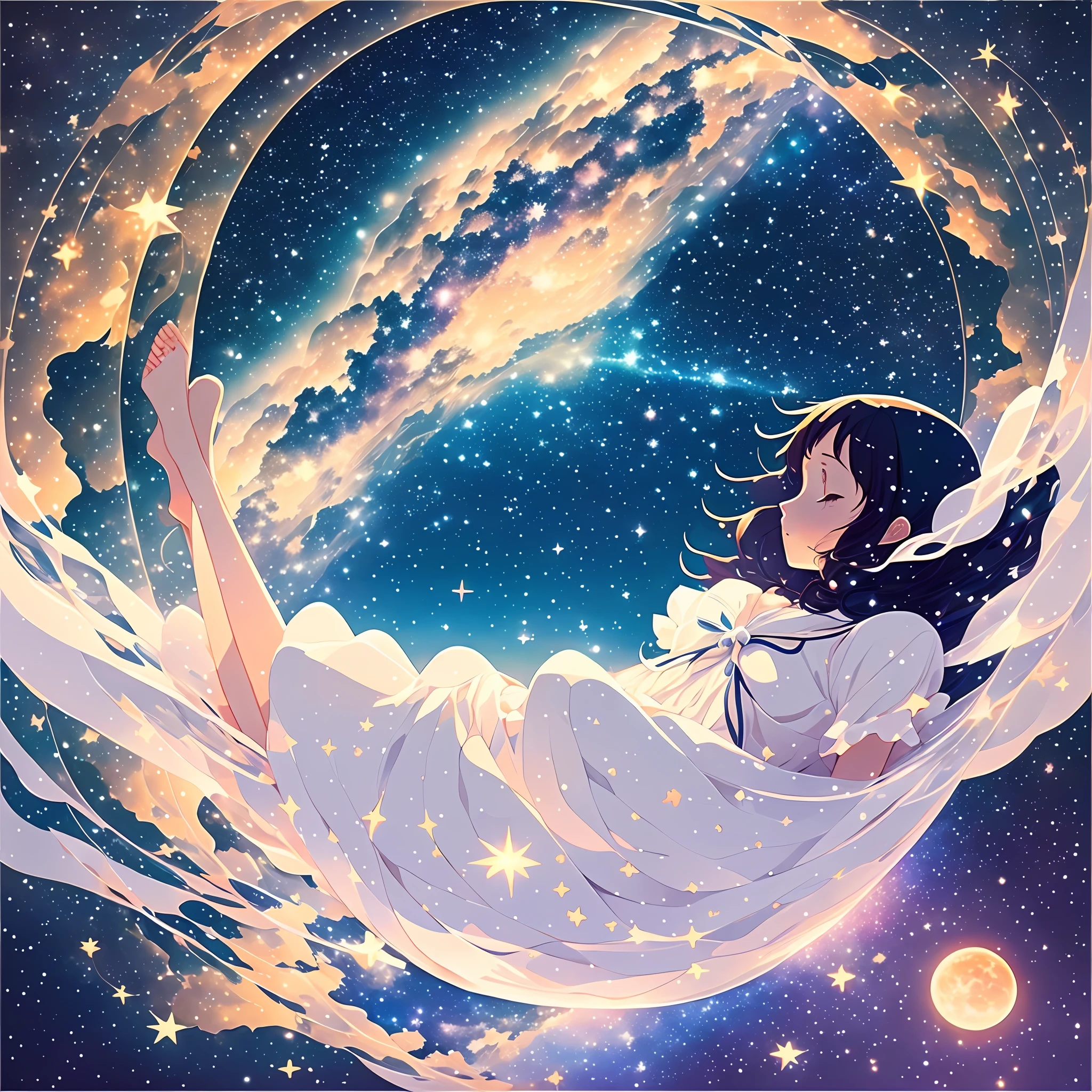 starry sky, floating woman, woman floating on water, supine lying, twenties, white dress, Makoto Shinkai, space sky, anime background, anime sky, anime style --auto --s2