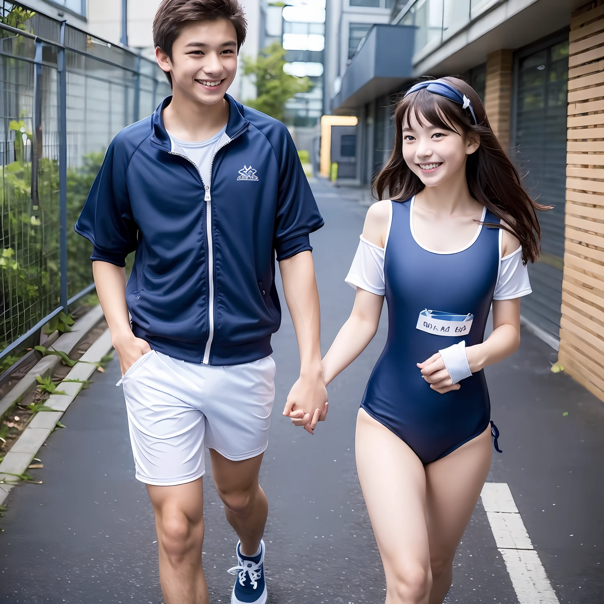 ((Girl in dark blue school swimsuit)),r,Smiling,(Boy in gym clothes),Holding hands,Walking,Going to school,[Japan residential area] --auto --s2