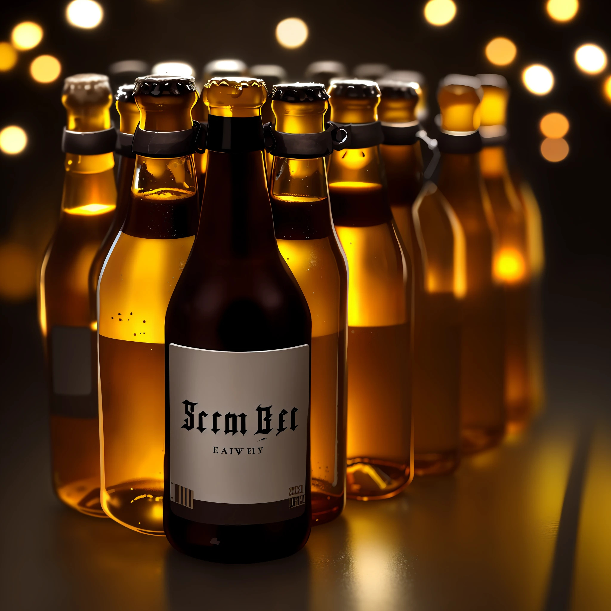 Image of a single bottle of craft beer in photo studio without labels, the best quality, sharp and detailed, lighting with perfect shadows, close-up perspective, perfect amber color to highlight the texture and details of the bottle, bokeh effect to further highlight the bottle, dark background to highlight the color of the beer.
