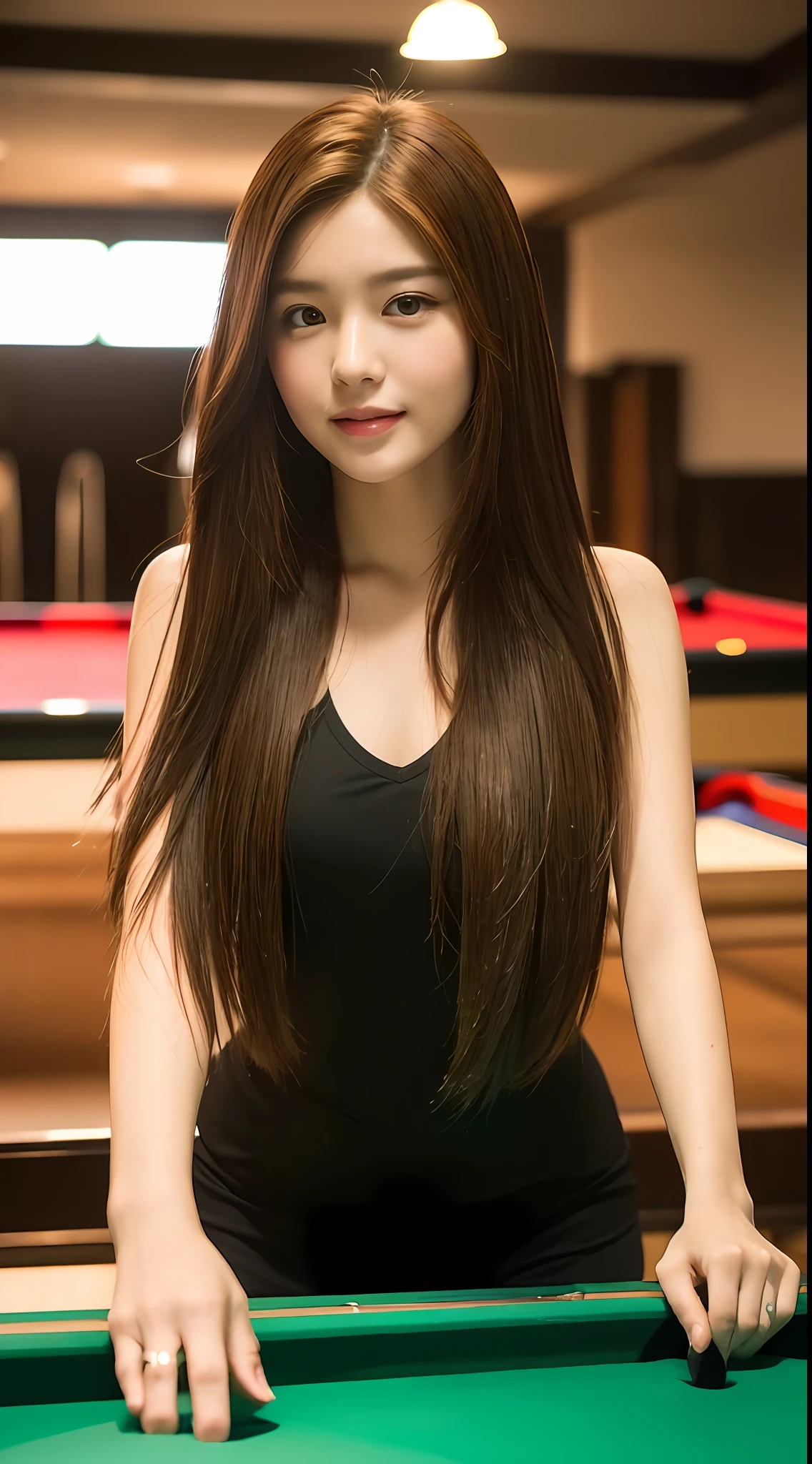 RAW photo, standing in a pool hall with pool table next to you, top quality, realistic, realistic, very detailed, very refined and beautiful with a smile on the face professional lighting, face lighting, depth of field, single focus, full body, 20 years old woman, brown hair, brown eyes, small head, ((((big)), fashion girl, beautiful eyes, real face, real skin, real face, realistic skin, detailed eyes, playing billiards, (fashion hairstyle: 1.3 dynamic pose, viewer, detailed face and chest appearanceannouncer