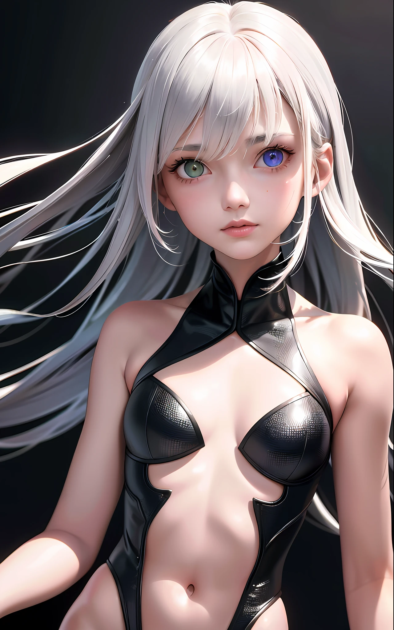 Superb Quality, Masterpiece, High Resolution, Best Quality, UHD, Super Detail, Award-Awarded, 16k, (Upper Body), A Beautiful Girl, Gray Hair, Hair, ((Heterochromia)), Hanging Corners, Fair Skin, (Small Breasts), (Slim Body), ((Suit))