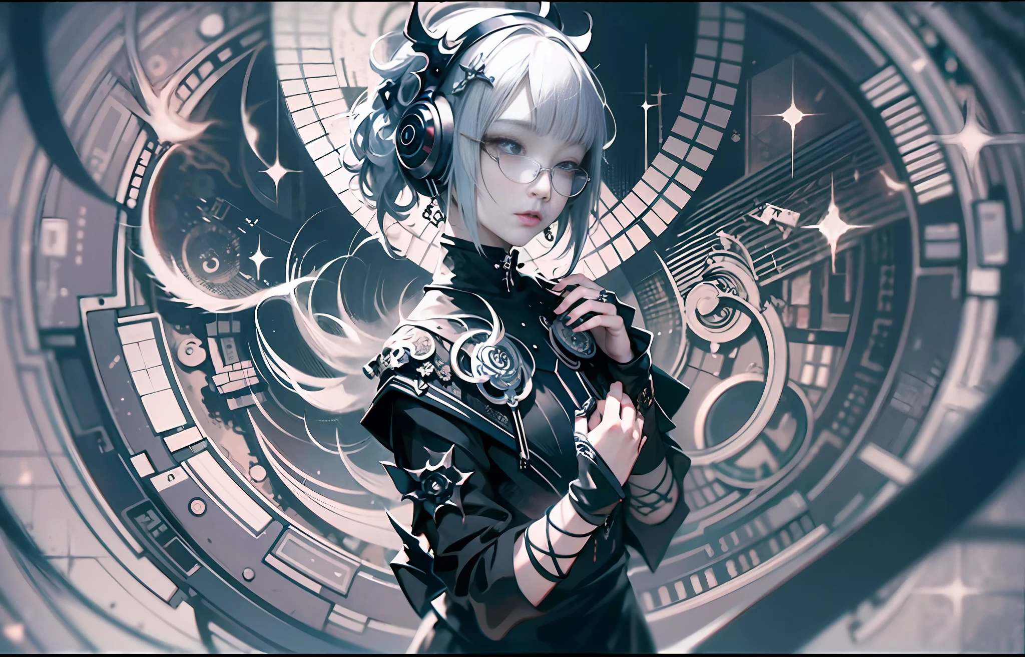 official art, unity 8k wallpaper, ultra detailed, beautiful and aesthetic, masterpiece, best quality, (zentangle, mandala, tangle, entangle), (fractal art:1.3) , 1girl, extremely detailed, dynamic angle, cowboyshot, the most beautiful form of chaos, elegant, a brutalist designed, vivid colours, romanticism, by james jean, roby dwi antono, ross tran, francis bacon, michal mraz, adrian ghenie, petra cortright, gerhard richter, takato yamamoto, ashley wood, atmospheric, ecstasy of musical notes, streaming musical notes visible , headphone , side glasses