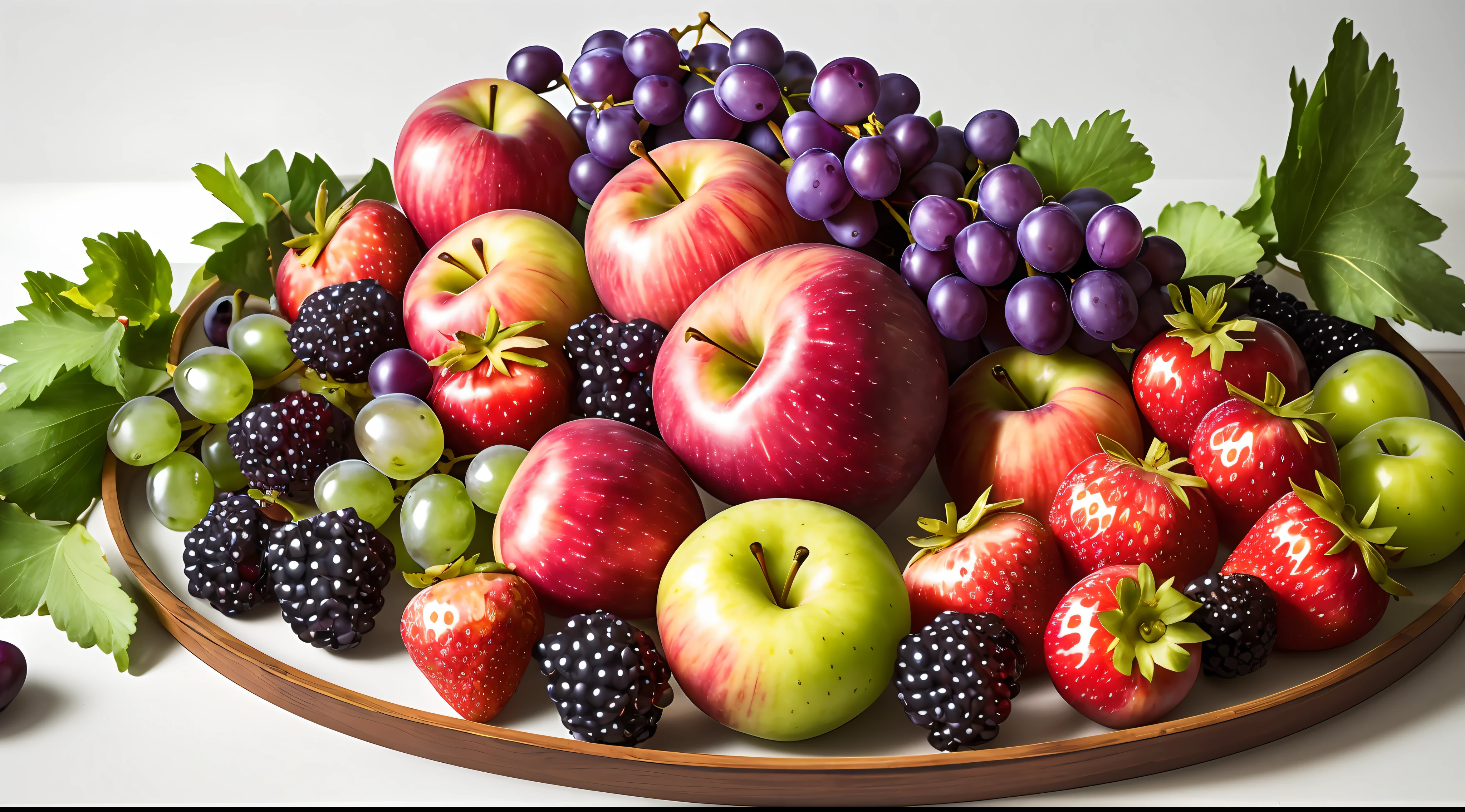 A beautiful tray with fruits inside, this tray is very beautiful and inside it has apples of a very beautiful red, beautiful bunches of purple grapes and beautiful bunches of green Italian grapes, very beautiful strawberries, blackberries, peaches and figs, slightly blurred cinematic background, soft cinematic light, with a very beautiful light and shadow effect, 4k, UHD.