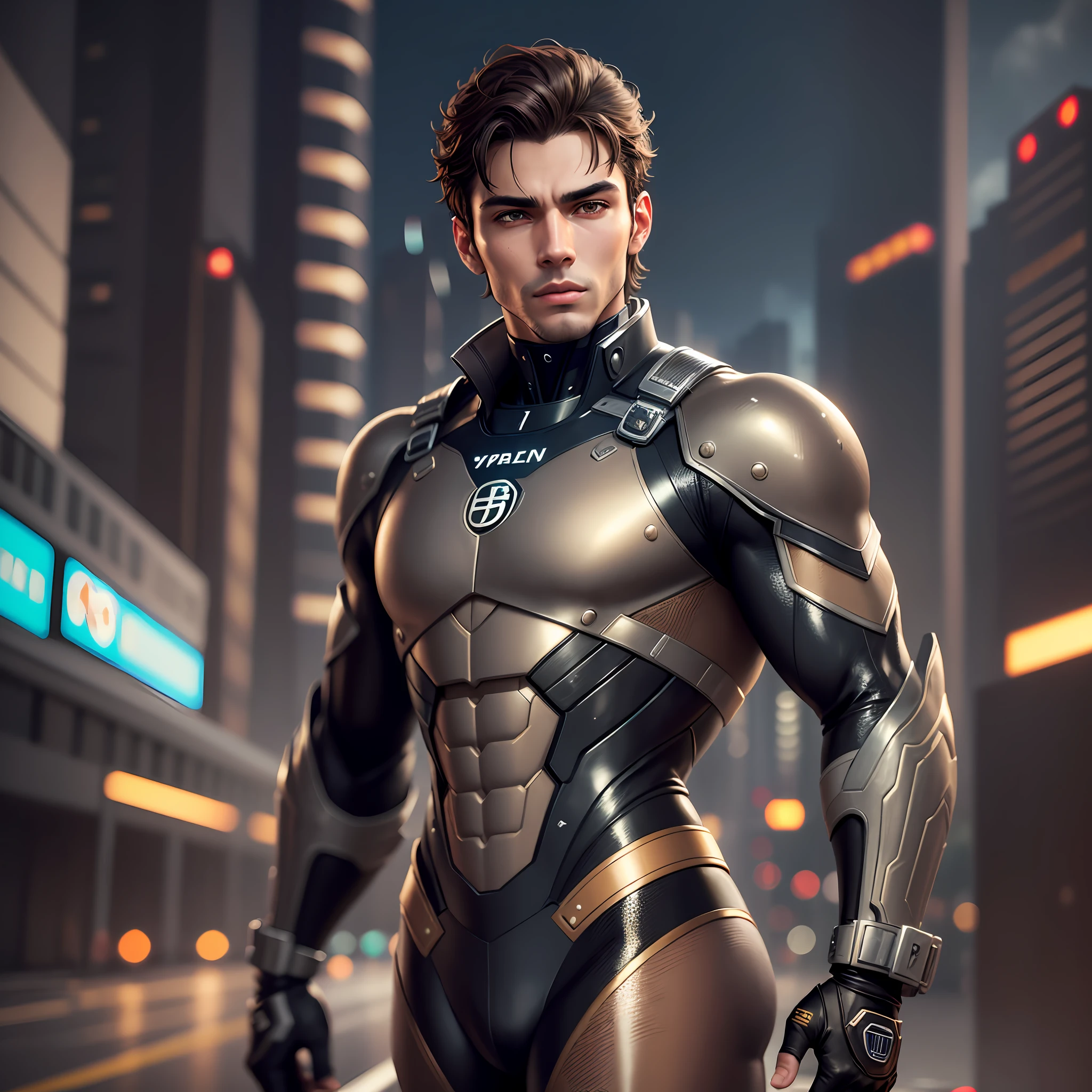 Brazilian man, brunette with 1.70 height, realistic perfect face, light brown eyes, dark brown hair Stilo bullet train from The Boys series, slightly muscular body, wearing black leather suit, ultra-realistic 8K, futuristic city background 4K, Syberpunk, realistic visual art, Armani style --auto --s2