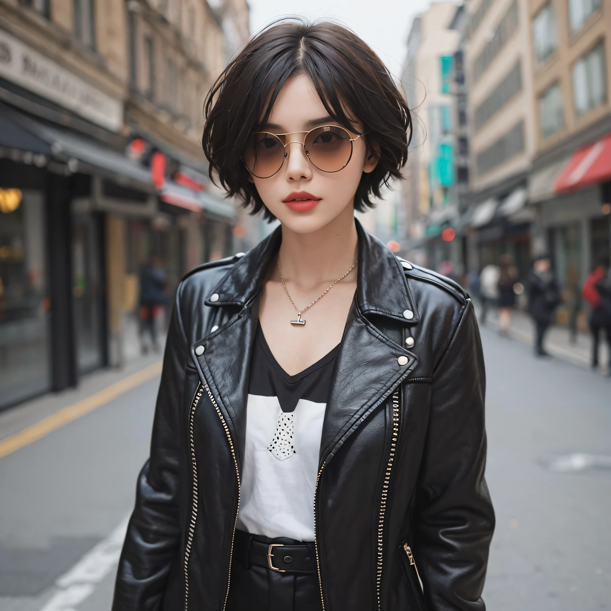indie woman, short hair, sunglasses, black coat --auto --s2