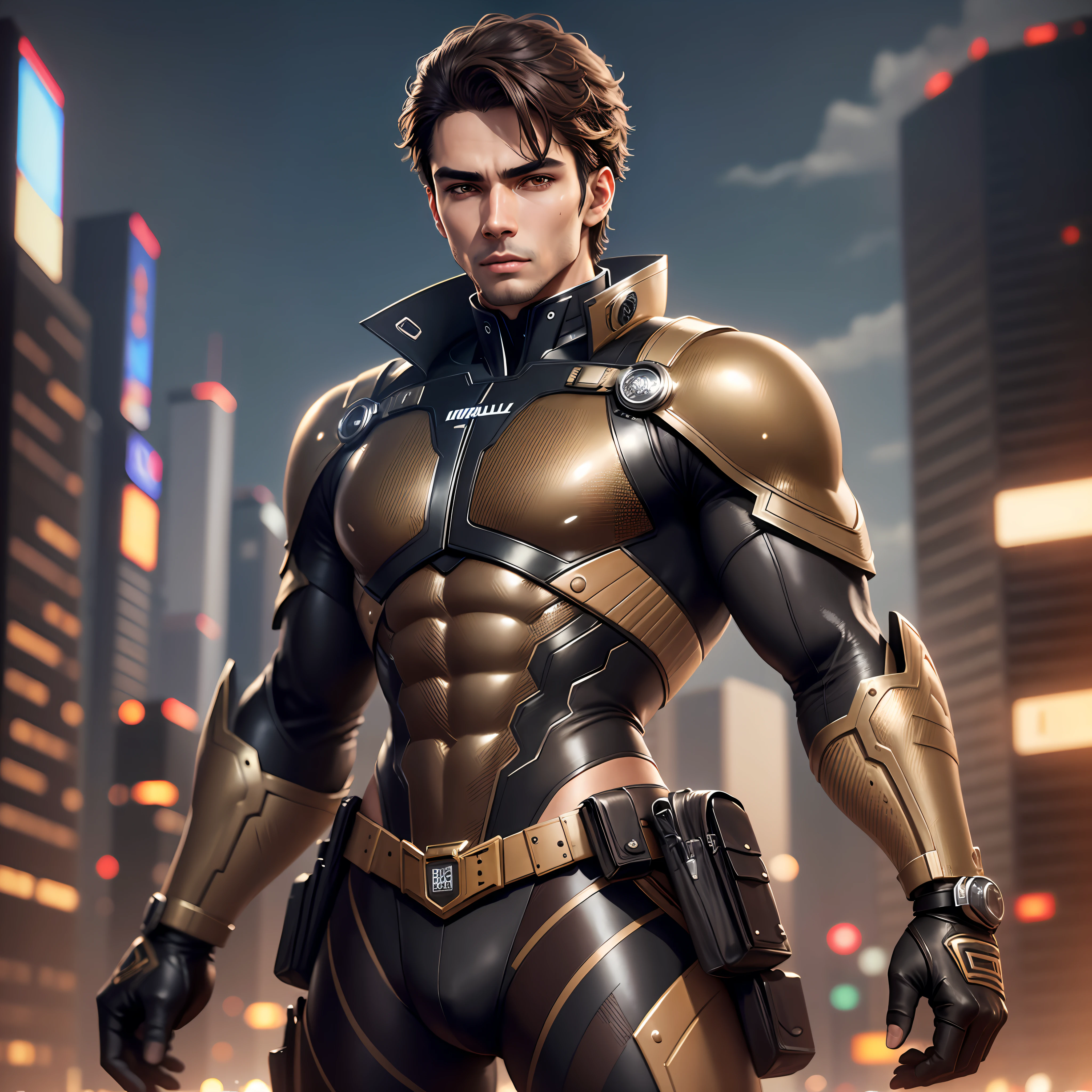 Brazilian man, brunette with 1.70 height, realistic perfect face, light brown eyes, dark brown hair Stilo bullet train from The Boys series, slightly muscular body, wearing black leather suit, ultra-realistic 8K, futuristic city background 4K, Syberpunk, realistic visual art, Armani style --auto --s2