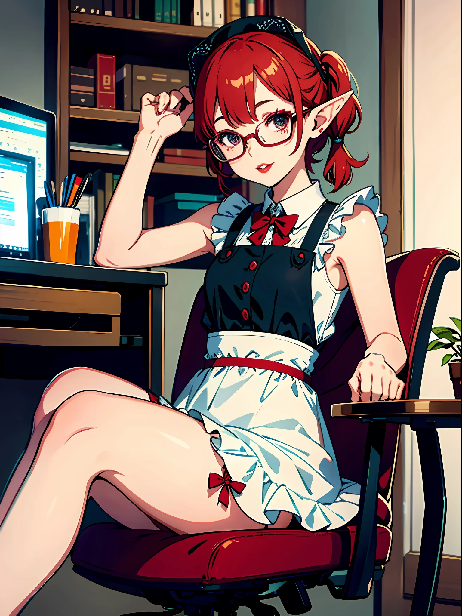 elf ears, 1 nerdy girl sitting, maid dress, gaming chair, looking at viewer. short hair and pigtails, red lips, transparent cloth, flirting with the camera, sexy look.