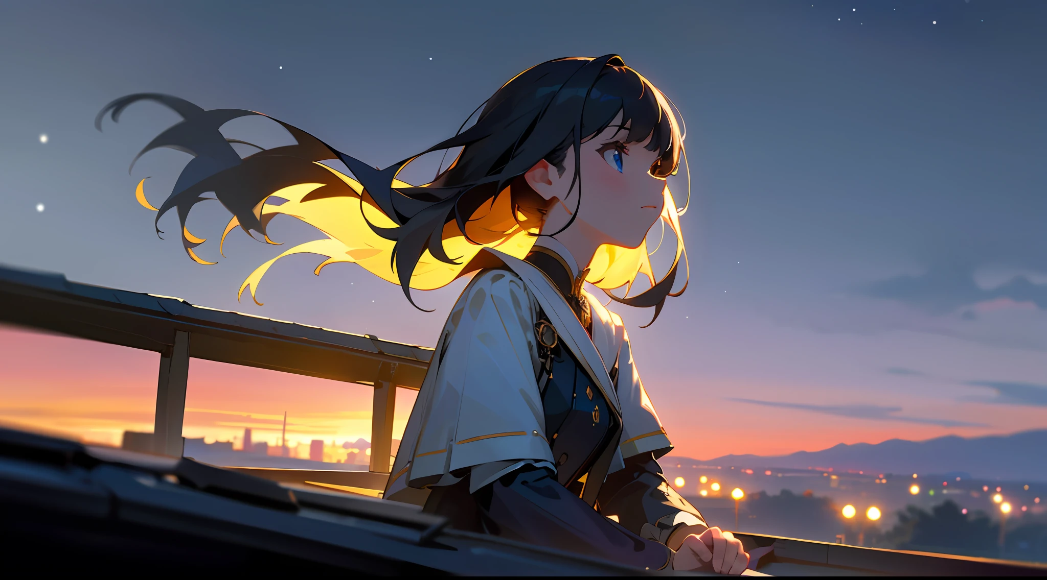 bust, upper body, vista, panorama, perspective, depth of field, cinematic angle, masterpiece, best quality, ultra detail, CG, 8K wallpaper, pretty face, delicate eyes, a girl, solo, outdoors, night, starry sky, landscape, landscape, horizon, roof, sitting on roof, wind, far overlook, atmospheric lighting, individual focus, close up, side view, depth of field, bokeh