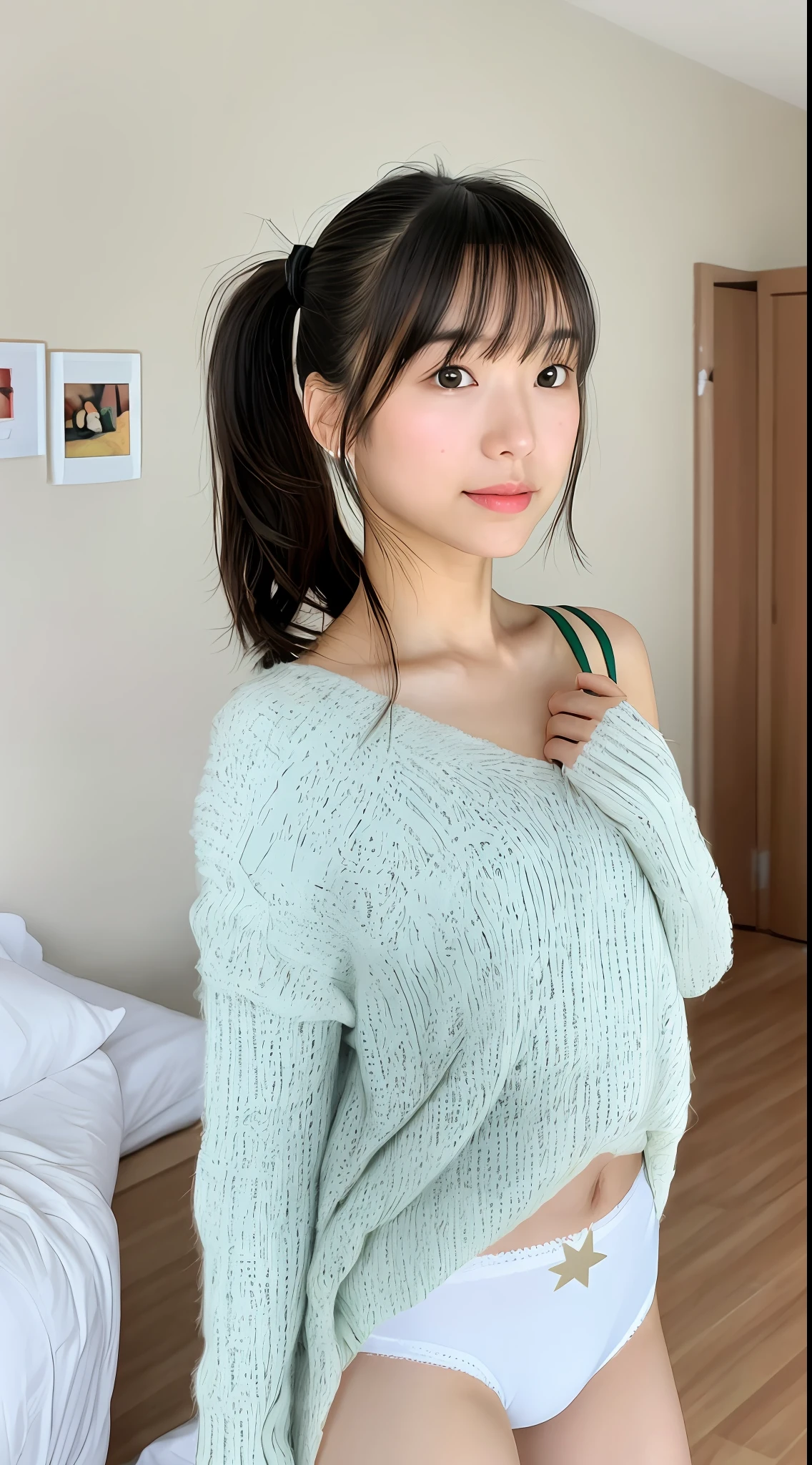 Realistic photos of (1 cute star) shoulder length hair, ponytail, light makeup, bangs, (small), clear facial features, 8K high resolution, sharp and realistic details, full body, own room, changing (underwear), changing clothes, f/4.0, 135mm, fujifilm, jpeg artifacts, dithering, UHD, masterpiece, blur, girl, underwear, white