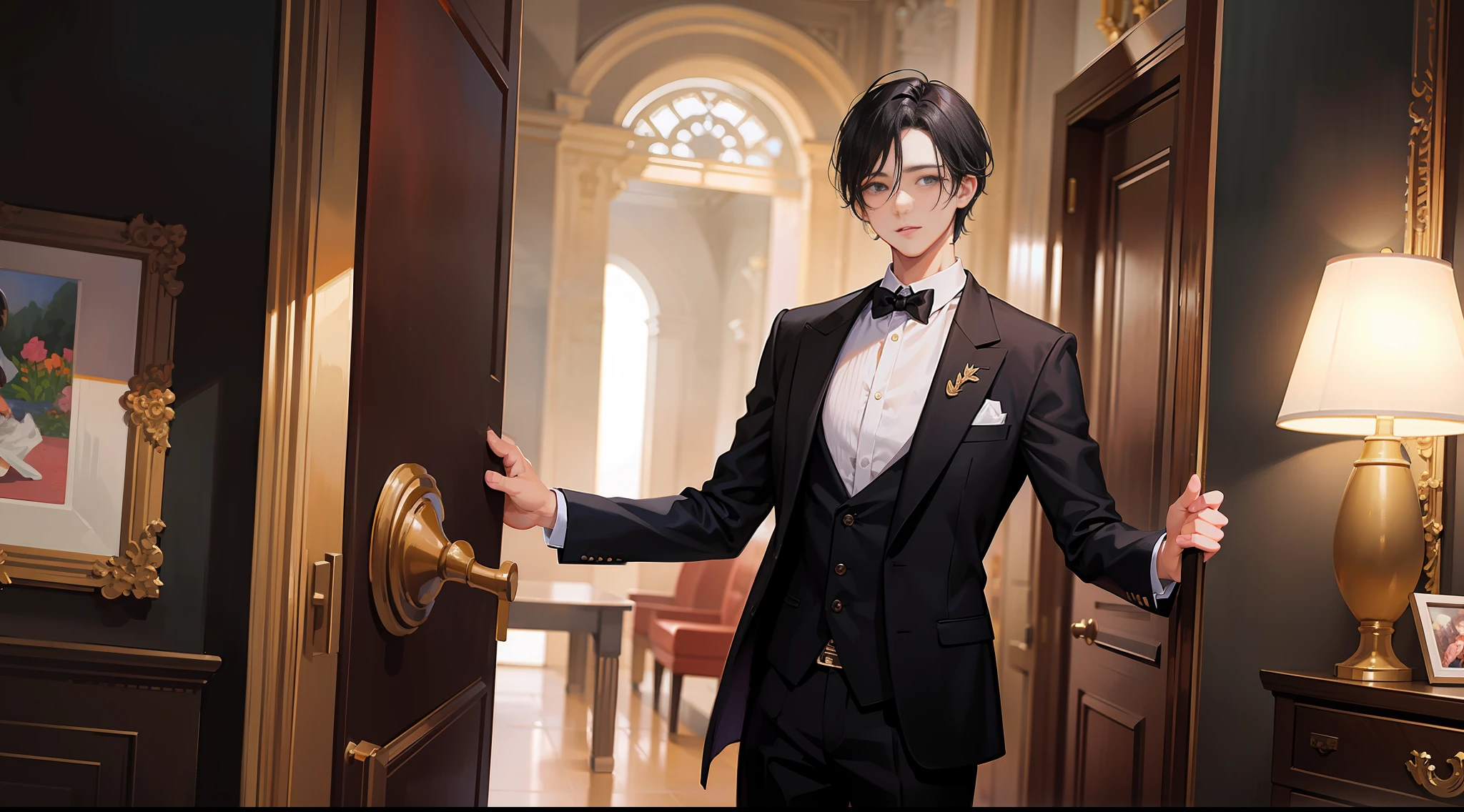 Masterpiece, best quality, super detailed, illustration, beautiful detailed eyes, close up, 1 boy, black hair, black suit, black pants, at the door of luxury villa