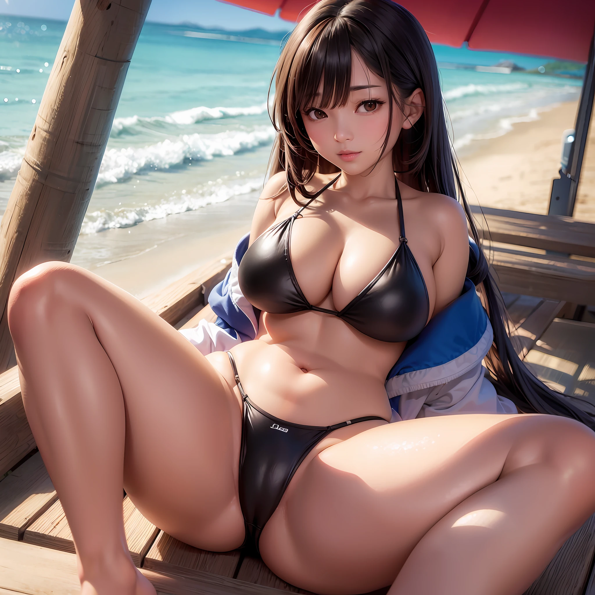 Realistic animated cute asian girl with huge breasts wearing a bikini sitting at the beach with legs spread apart. --auto --s2