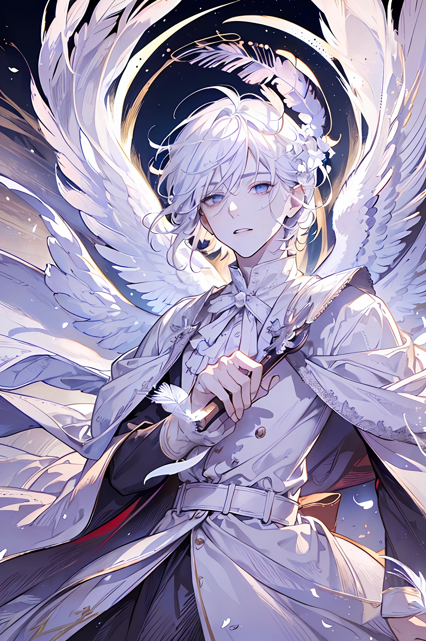 ((Young Men)), Angel, Feathers Flying, White Roman Robe, (Collar), White Hair, (((Extremely Clear and Delicate Depiction of Facial Features))), ((Delicate Eye Depiction)), Dynamic Pose, Dramatic Composition, Extreme Detail, Floating in the Air, Man, Manly, Ruby Eyes, White Dove Resting on Shoulder, Surrounded by Birds, Little Cloth, Halo Effect