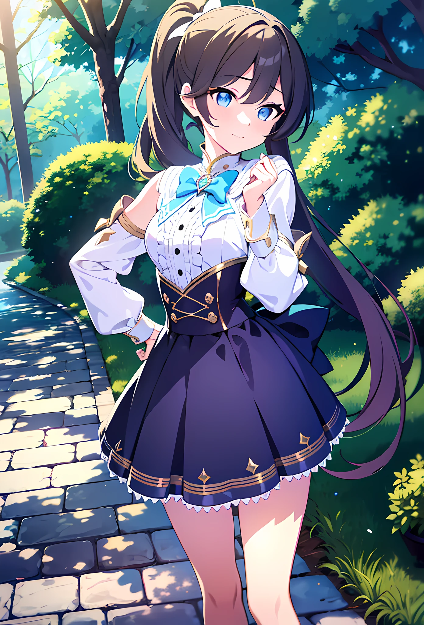 {{{{masterpiece, realistic, extremely detailed, intricate details, sharp focus, 8K, highres, depth of field, absurdres, high quality facial shadowing, dynamic shadowing, cinematic lighting, perfect lighting}}}}, best quality, asian qualities, {facing viewer}, {hands behind back}, {solo}, beautiful young girl, {{{extremely detailed girl, perfect anatomy, perfect body}}}, {{{beautiful-detailed luscious waist-length amber brown hair}}}, {{{beautiful-detailed single-left-side shoulder length ponytail}}}, {{{luscious multi-layered hair}}}, {{beautiful-detailed facial structure}}, {{detailed beautiful face}}, {{detailed face:1.33}}, {{beautiful-detailed eyes}}, {{{{detailed bright blue eyes}}}}, {{{{high-detailed sharp clear unclouded cat eye pupils}}}}, {{{{vibrant eye colors}}}}, small boobs, {{slim arms}}, {{slim waist}}, {{thick thighs}}, {{{{beautiful-detailed fingers}}}}, {{{detailed legs}}}, {{{blushing}}}, {{cute shy expression}}, fashion, {{{beautiful-detailed small simple golden crown}}}, {{{ simple-detailed white gem choker}}}, {{{{detailed white school short shirt}}}}, {{{beautiful-detailed light blue bow ribbon}}}, {{{detailed light blue plain mini-skirt}}}, {{{wearing brown leather school shoes}}, {{{standing against a wooden high fence on a brick pathway and a stream is running next to the person}}}, {enhanced background}, {{people walking past in the background}}