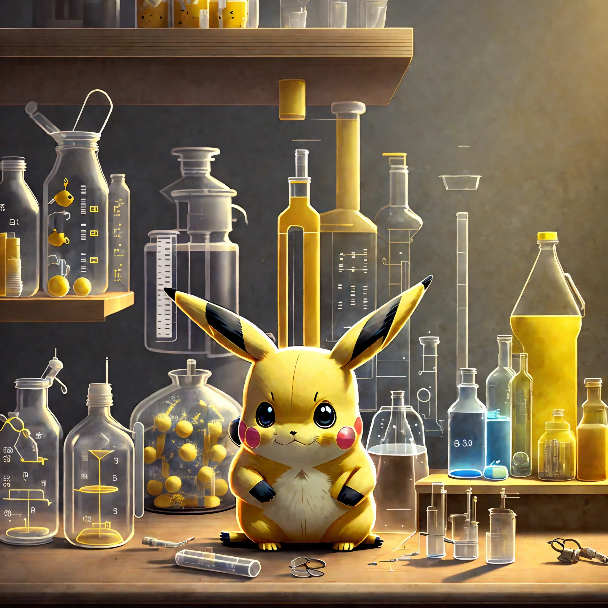 A Pikachu stands in front of a table with chemical instruments, test tubes, beakers, alcohol lamps, realistic , cute, --auto --s2