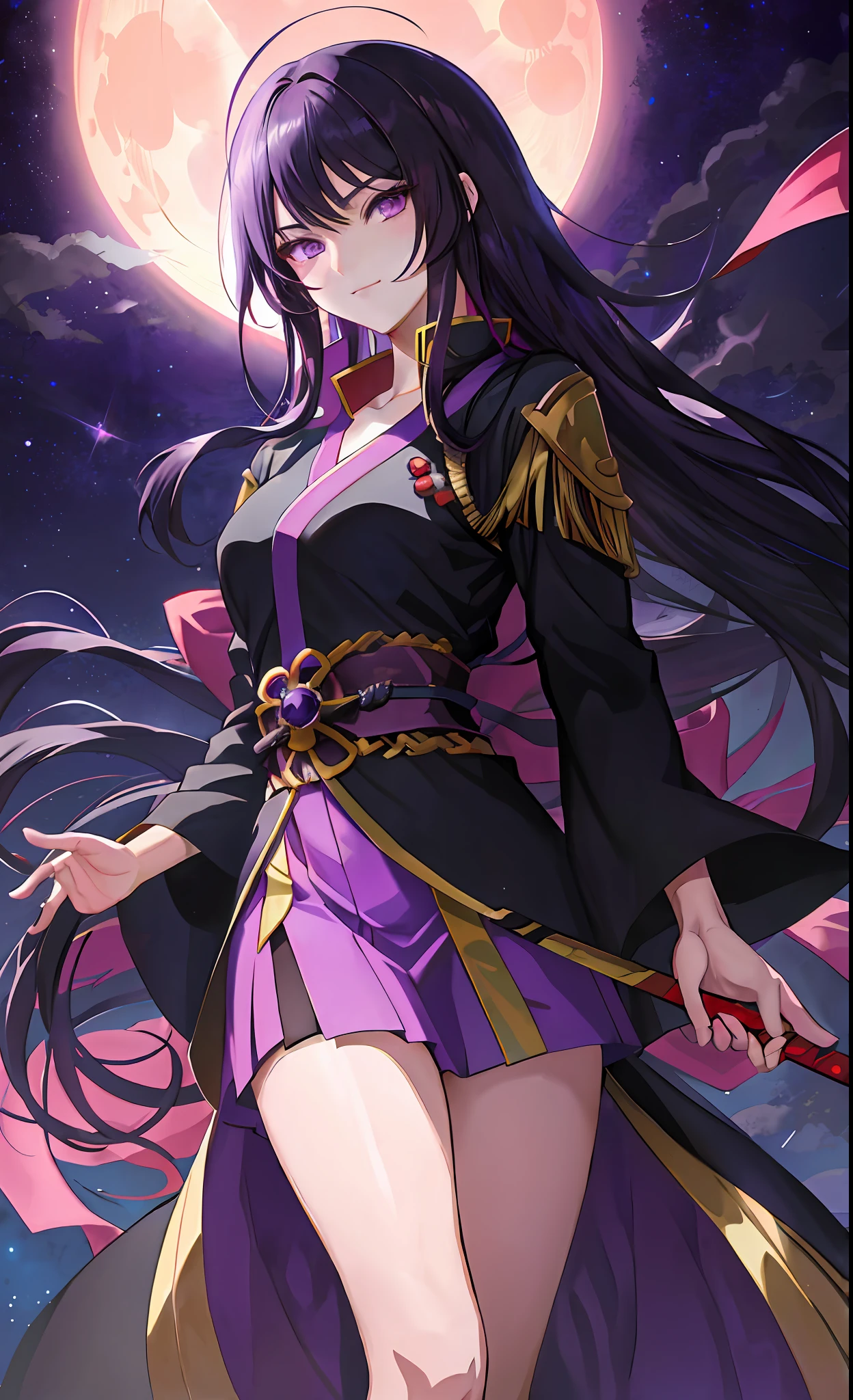 anime character with long hair and purple eyes in front of a full moon, beautiful girl, black - haired mage, anime portrait of a handsome man, anime girl, female anime character, kentaro miura manga art style, sengoku - era art style, male anime style, ilya kuvshinov with long hair, roguish smirk