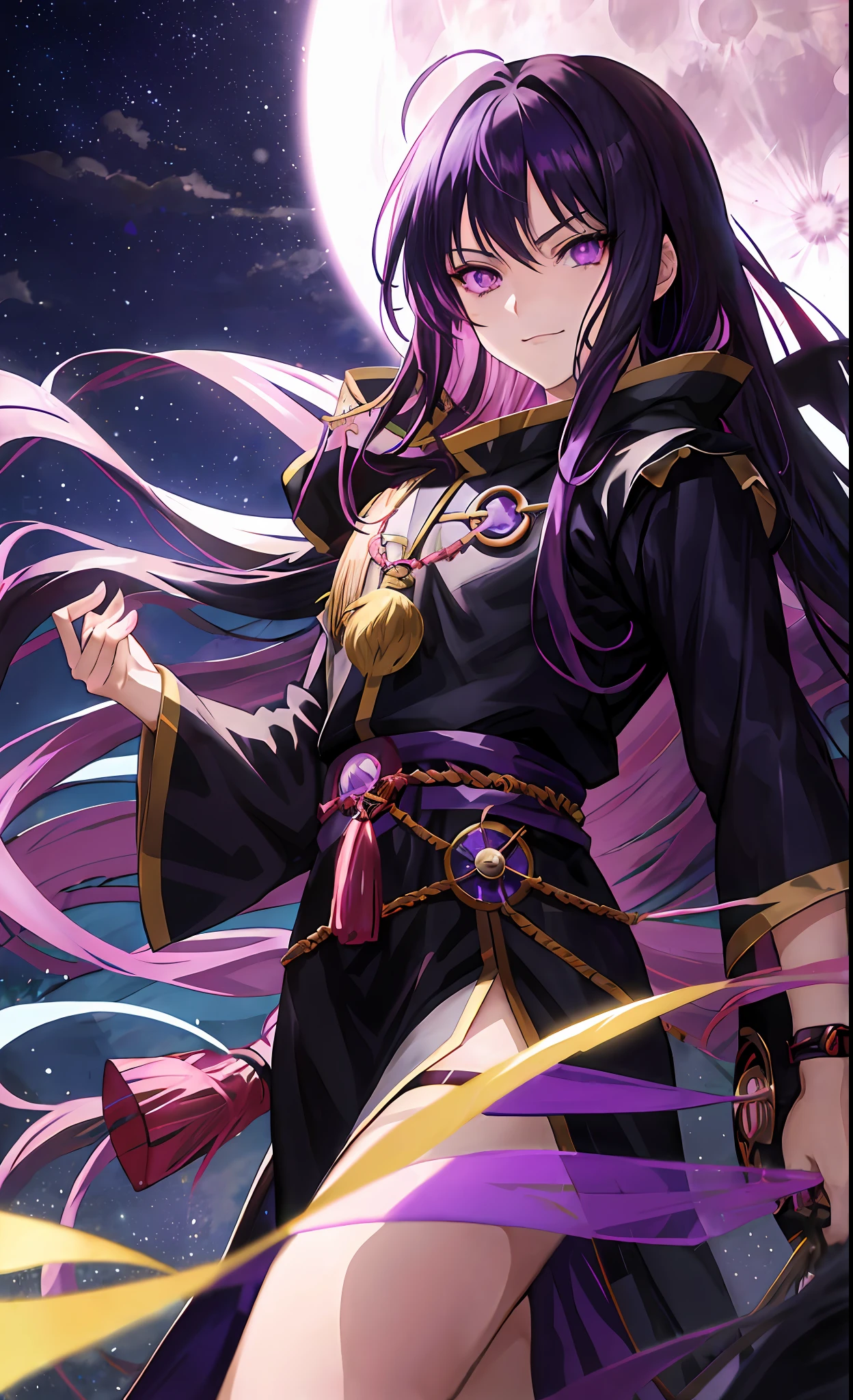 anime character with long hair and purple eyes in front of a full moon, beautiful girl, black - haired mage, anime portrait of a handsome man, anime girl, female anime character, kentaro miura manga art style, sengoku - era art style, male anime style, ilya kuvshinov with long hair, roguish smirk