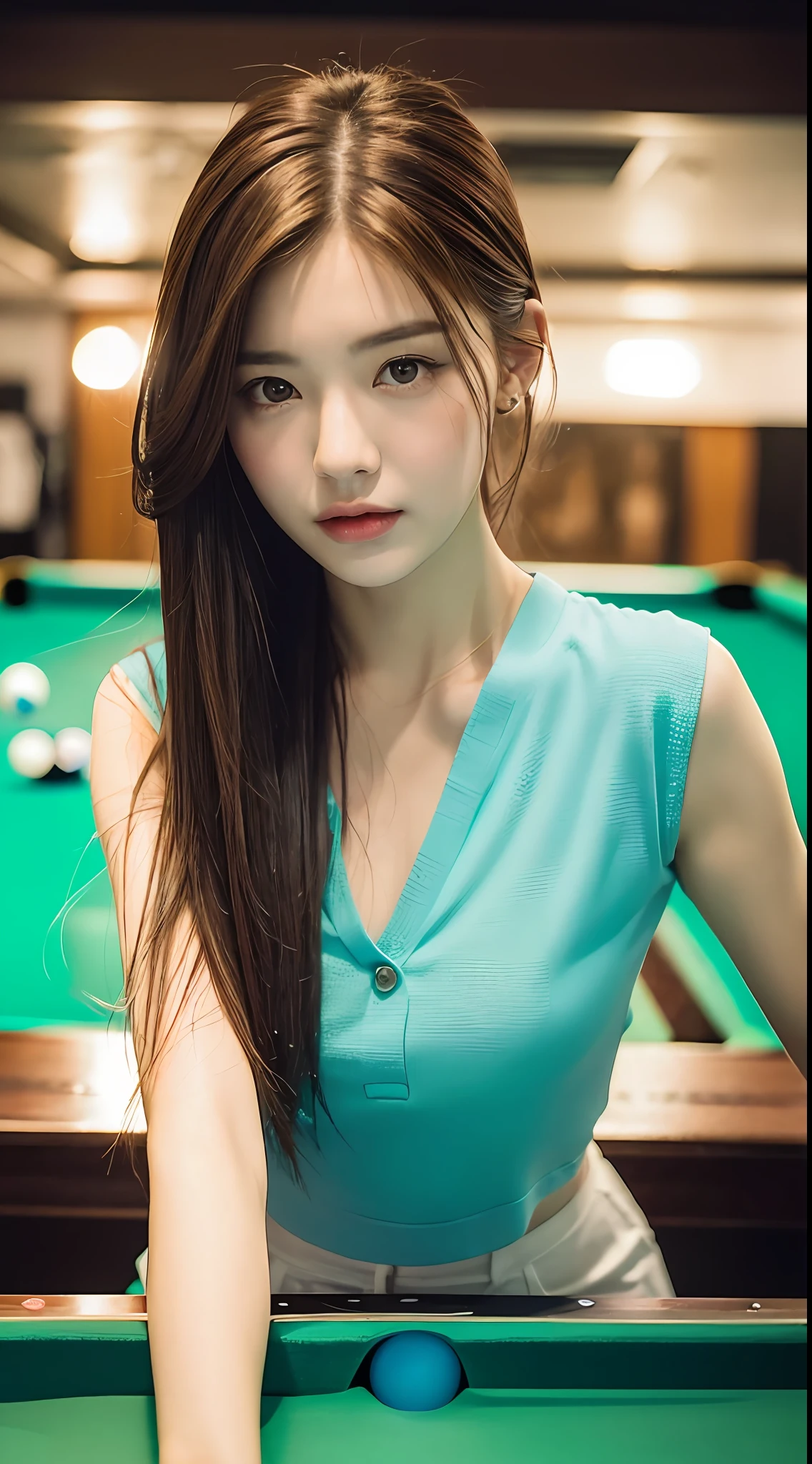 RAW photo, standing in a pool hall with pool table next to you, top quality, realistic, realistic, very detailed, very delicate and beautiful,lol professional lighting, face lighting, depth of field, single focus, full body, 20 years old woman, brown hair, brown eyes, small head, ((((big)), fashion girl, beautiful eyes, real face, real skin, real face, realistic skin, detailed eyes, playing billiards, (fashion hairstyle: 1.3 dynamic poses, viewer, detailed face and chest appearance, announcer