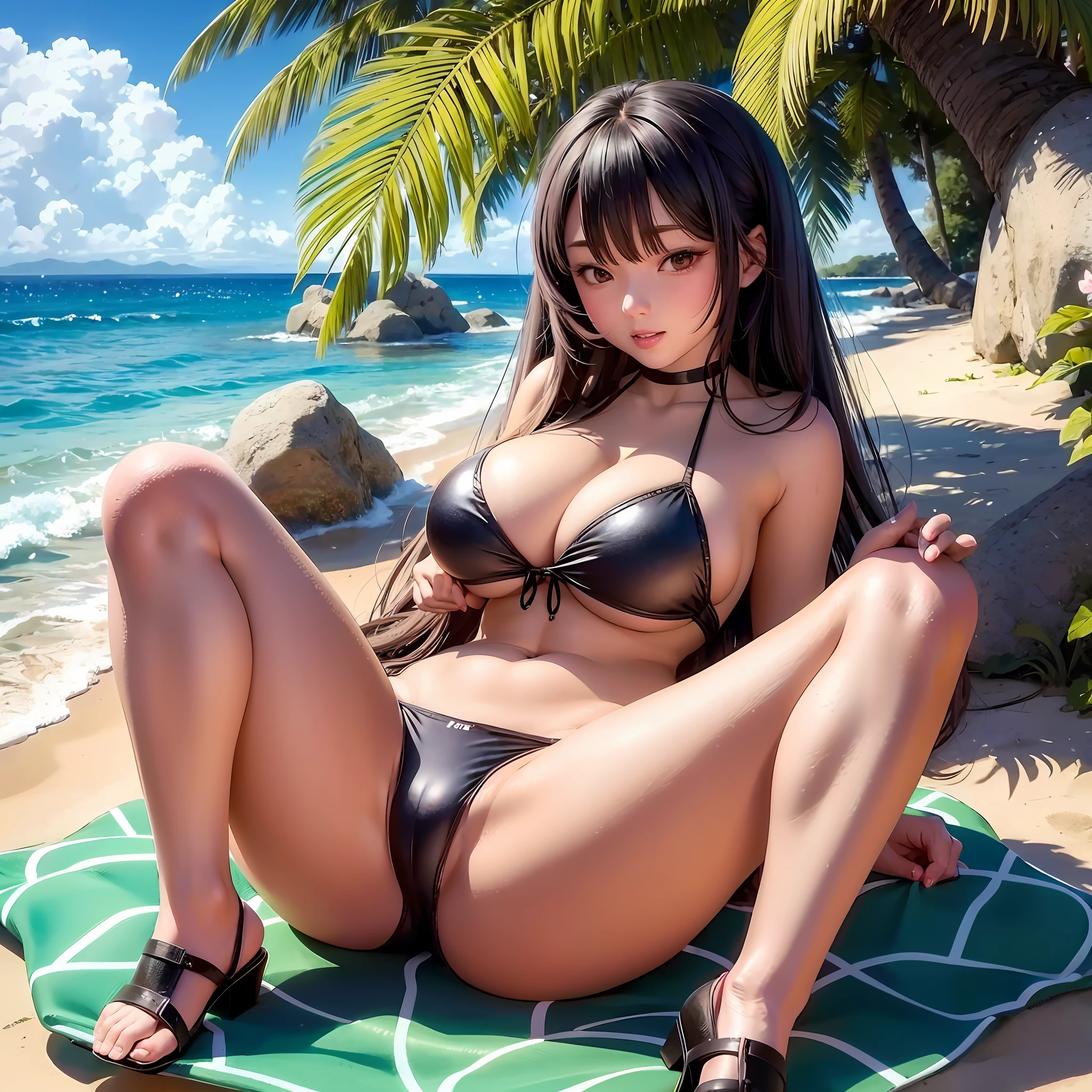 Realistic animated cute asian girl with huge breasts wearing a bikini sitting at the beach with legs spread apart. --auto --s2